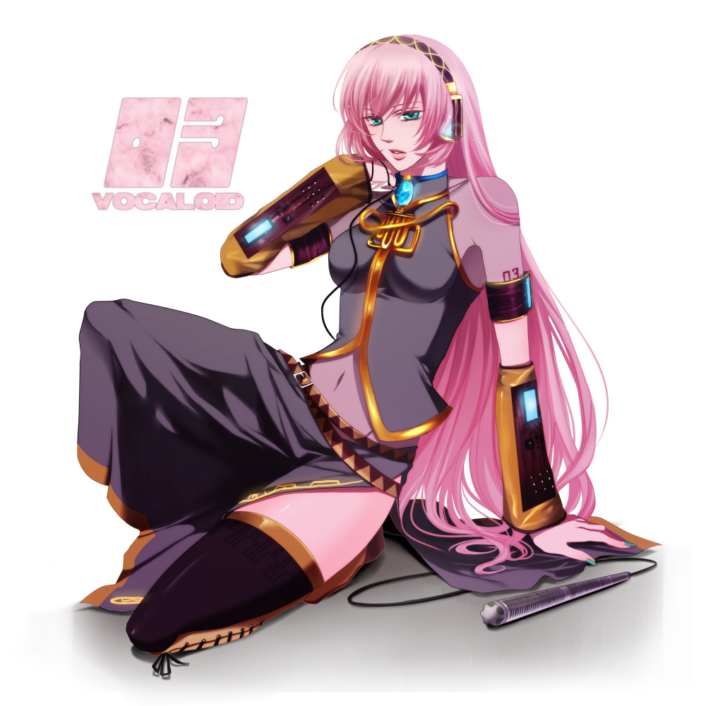 wii hola, megurine luka, vocaloid, bad id, bad pixiv id, arm support, green eyes, long hair, microphone, pink hair, sitting, solo, thighhighs