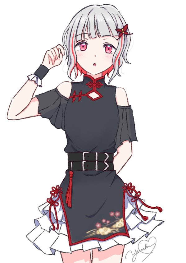 yuuki06n, yugiri tsuzuri, link! like! love live!, love live!, commentary request, 1girl, above-cleavage cutout, alternate costume, bare shoulders, black dress, black wrist cuffs, butterfly hair ornament, chinese clothes, clothing cutout, collarbone, cowboy shot, diagonal bangs, dress, flower knot, grey hair, hair ornament, hasu no sora pop up shop china collection, looking at viewer, miniskirt, multicolored hair, pink eyes, red hair, short dress, shoulder cutout, signature, simple background, skirt, solo, standing, streaked hair, virtual youtuber, white background, white skirt, wrist cuffs