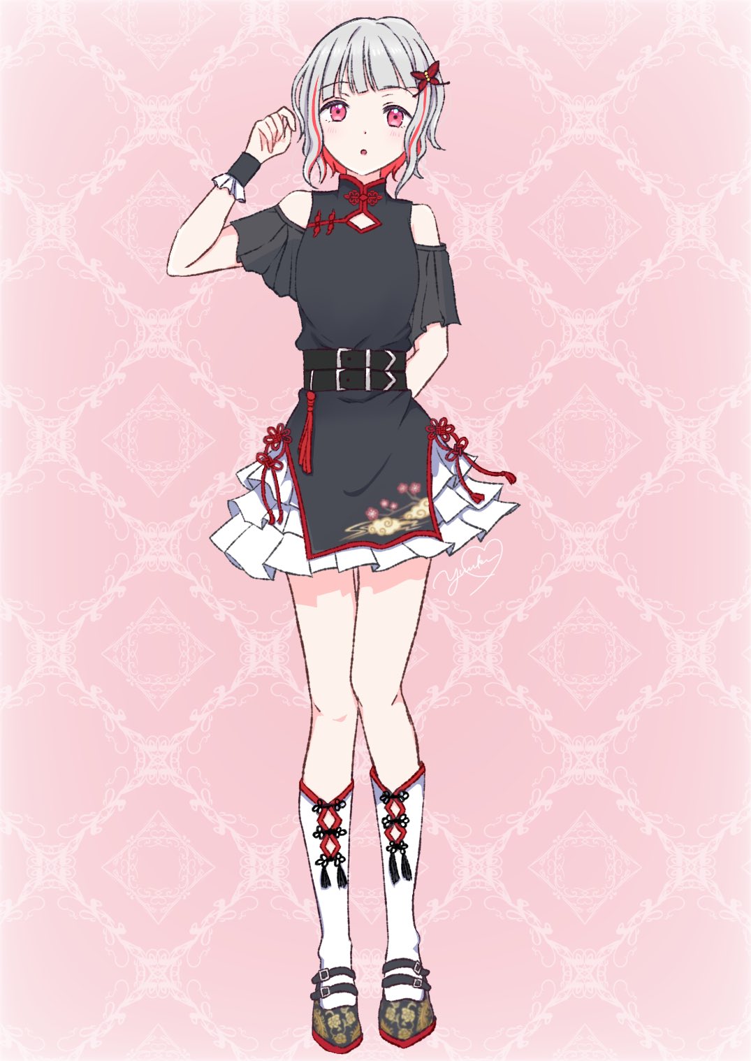 yuuki06n, yugiri tsuzuri, link! like! love live!, love live!, commentary request, highres, 1girl, above-cleavage cutout, alternate costume, bare shoulders, black dress, black shoes, black wrist cuffs, butterfly hair ornament, chinese clothes, clothing cutout, collarbone, diagonal bangs, dress, floral print, floral print shoes, flower knot, full body, grey hair, hair ornament, hasu no sora pop up shop china collection, kneehighs, looking at viewer, miniskirt, multicolored hair, pink background, pink eyes, print shoes, red hair, shoes, short dress, shoulder cutout, signature, skirt, socks, solo, standing, streaked hair, virtual youtuber, white skirt, white socks, wrist cuffs