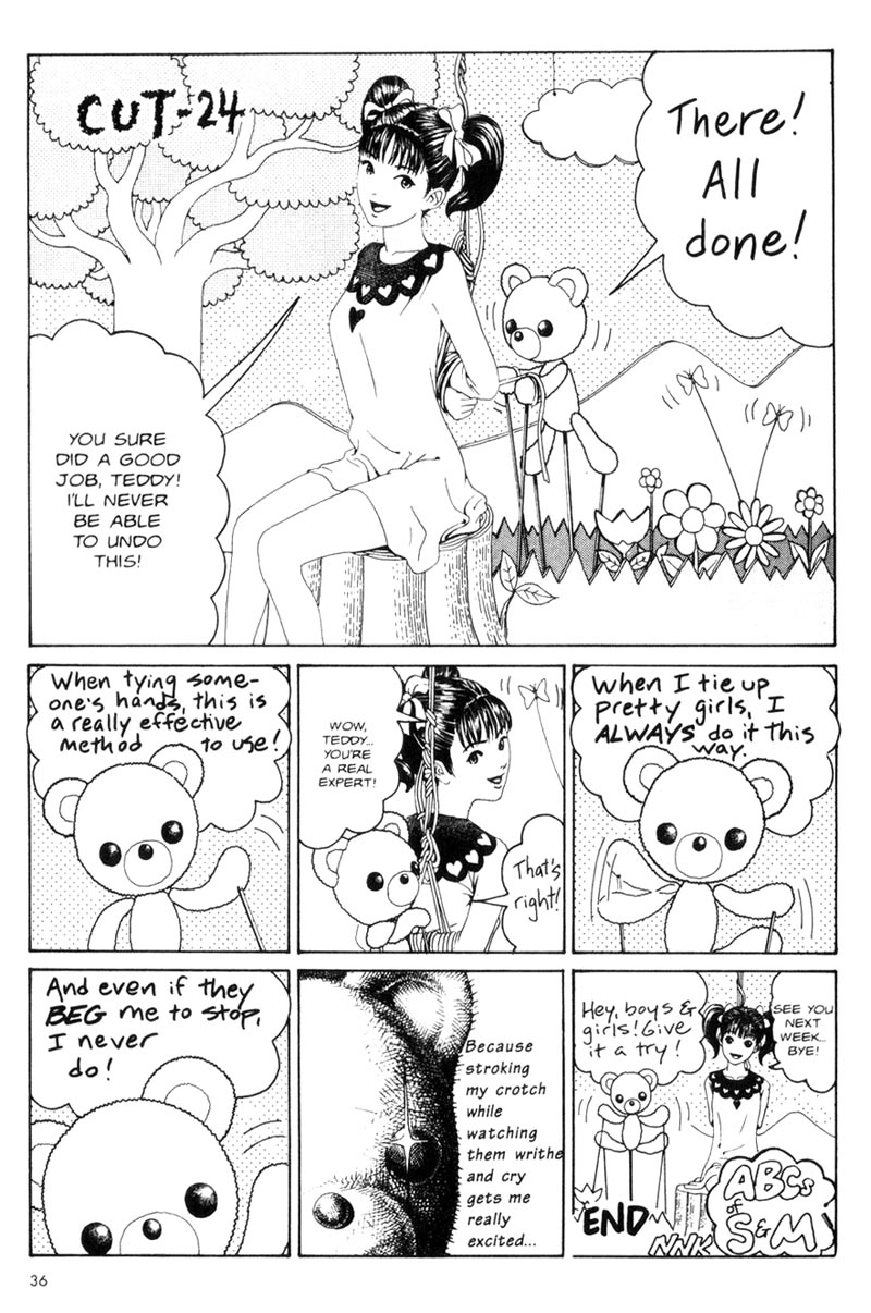 furuya usamaru, short cuts, hard-translated, highres, third-party edit, translated, 1girl, bdsm, bondage, bound, comic, greyscale, left-to-right manga, looking at viewer, monochrome, open mouth, smile, stuffed animal, stuffed toy, teddy bear, twintails