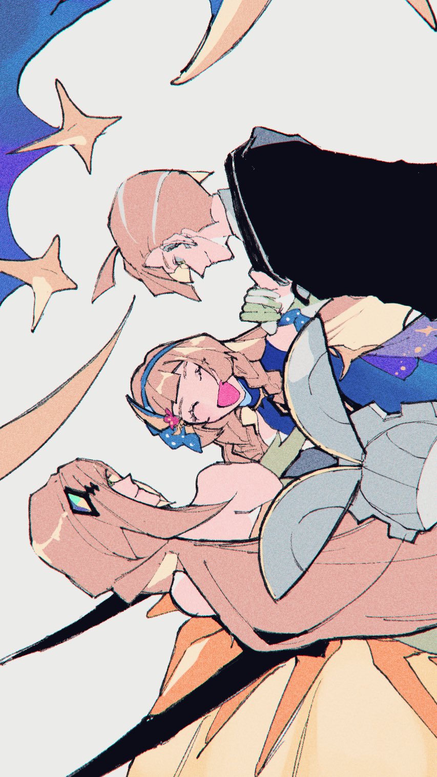 maegamishiroine, gladion (pokemon), gladion (sygna suit) (pokemon), lillie (anniversary 2021) (pokemon), lillie (pokemon), lunala, lusamine (pokemon), lusamine (sygna suit) (pokemon), magearna, magearna (normal), necrozma, necrozma (dusk mane), nintendo, pokemon, pokemon masters ex, highres, 1boy, 2girls, blonde hair, brother and sister, closed mouth, ear piercing, gen 7 pokemon, gloves, grey background, legendary pokemon, long hair, mother and daughter, mother and son, multiple girls, mythical pokemon, official alternate costume, piercing, pokemon (creature), siblings, sideways, very long hair, white gloves