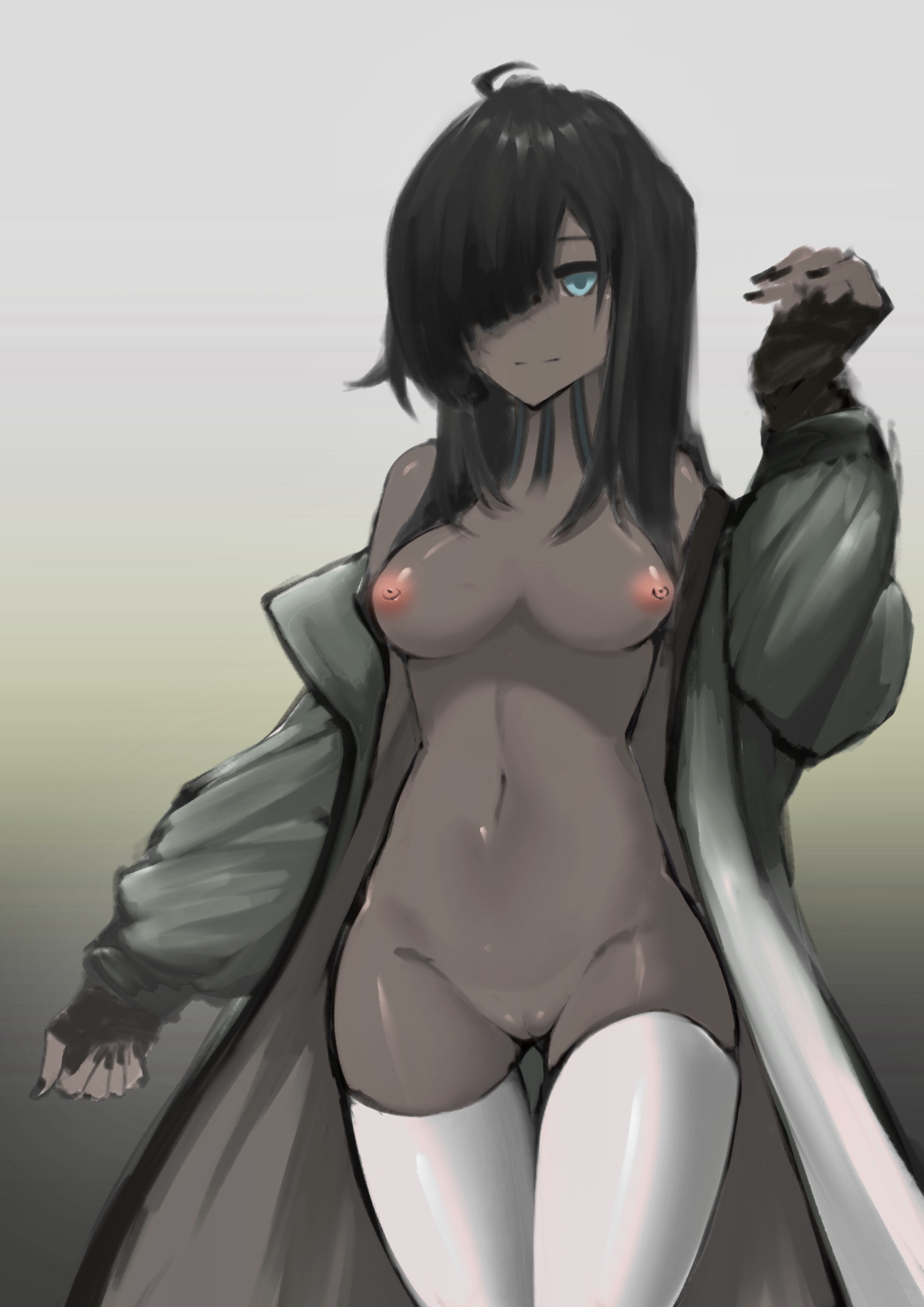 ghosty (xiaobai), flint (arknights), flint (gorgeous flower) (arknights), arknights, absurdres, chinese commentary, commentary request, highres, 1girl, black gloves, black hair, black nails, blue eyes, coat, dark-skinned female, dark skin, fingerless gloves, gloves, hair over one eye, long hair, nail polish, naked coat, navel, neck tattoo, nipples, official alternate costume, pussy, solo, tattoo, thighhighs, white thighhighs