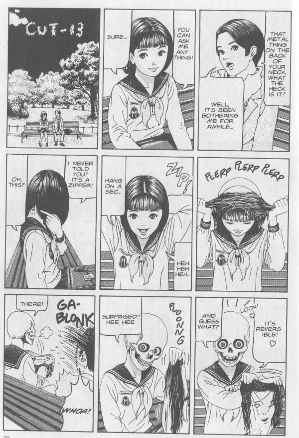 furuya usamaru, short cuts, hard-translated, third-party edit, translated, 1boy, 1girl, comic, creepy, greyscale, happy, left-to-right manga, monochrome, outdoors, scared, scary, skull, smile, tree