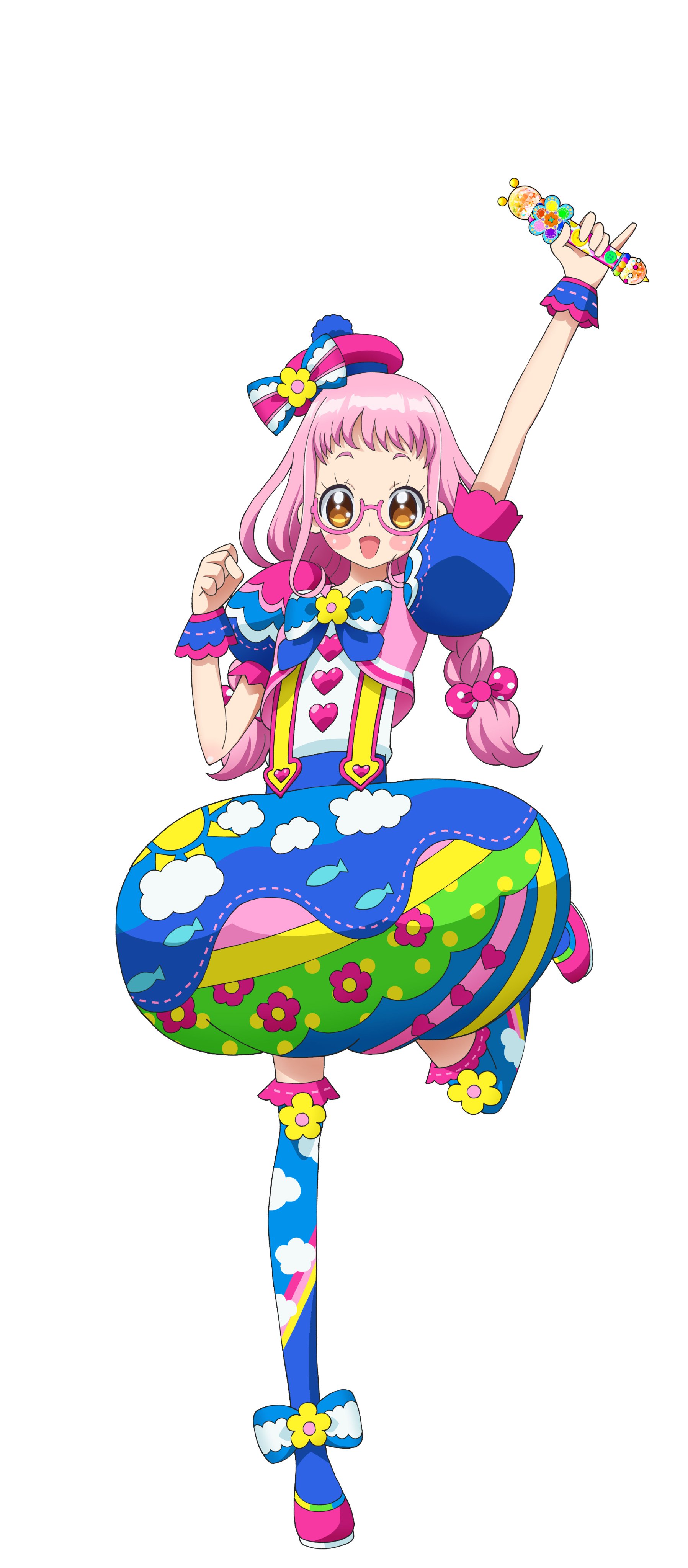 kiki ajimi, pretty series, pripara, absurdres, commentary request, highres, official art, second-party source, 1girl, :d, arm up, beret, blue boots, blue bow, blue bowtie, blue skirt, blush stickers, boots, bow, bowtie, braid, brown eyes, bubble skirt, buttons, cloud print, floral print, flower, full body, glasses, hand up, hat, heart button, idol clothes, long hair, looking at viewer, open mouth, outstretched arm, pink-framed eyewear, pink hair, pink hat, pom pom (clothes), print skirt, puffy short sleeves, puffy sleeves, shirt, short sleeves, simple background, skirt, smile, solo, standing, standing on one leg, suspender skirt, suspenders, tachi-e, twin braids, white background, white shirt, wrist cuffs, yellow flower