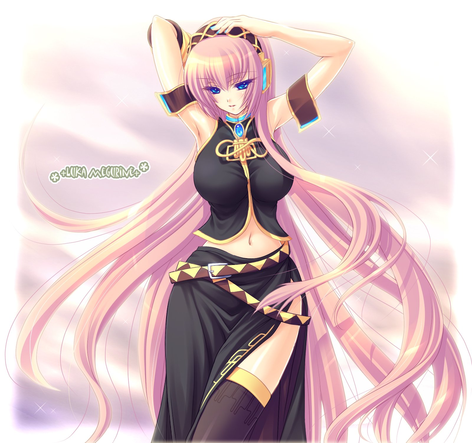 kinosaki yuki, megurine luka, vocaloid, bad id, bad pixiv id, highres, 1girl, armpits, arms up, blue eyes, blue nails, female focus, long hair, nail polish, navel, pink hair, solo, thighhighs, very long hair