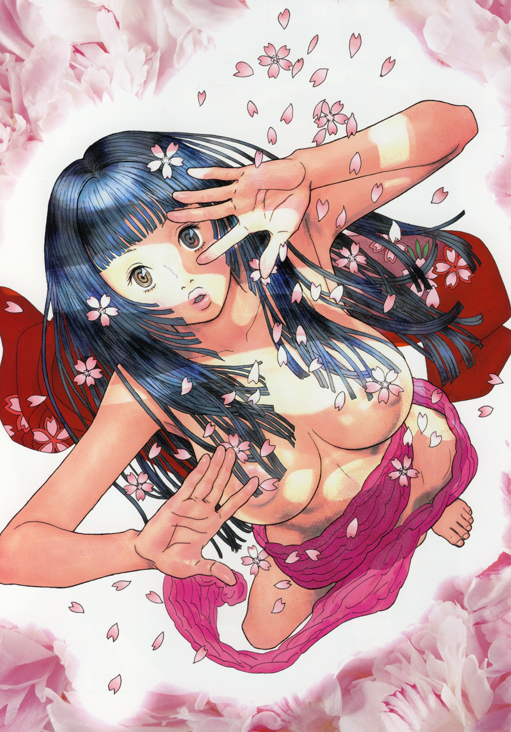 yasuda akira, original, highres, 1girl, :o, barefoot, black hair, breasts, brown eyes, cherry blossoms, feet, female focus, from above, large breasts, lips, long hair, petals, ringed eyes, solo, topless female