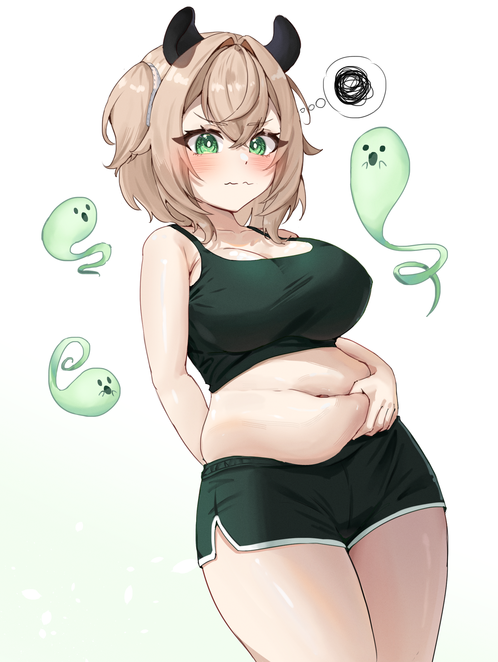 pyrokuro, naplings (nimi nightmare), nimi nightmare, indie virtual youtuber, commentary, english commentary, highres, 1girl, 3others, alternate costume, animal ears, baku ears, breasts, brown hair, cleavage, closed mouth, collarbone, crop top, cropped legs, crossed bangs, grabbing own stomach, green eyes, green shirt, green shorts, hair between eyes, hair intakes, large breasts, medium hair, multiple others, navel, plump, shirt, shorts, simple background, speech bubble, standing, virtual youtuber, white background