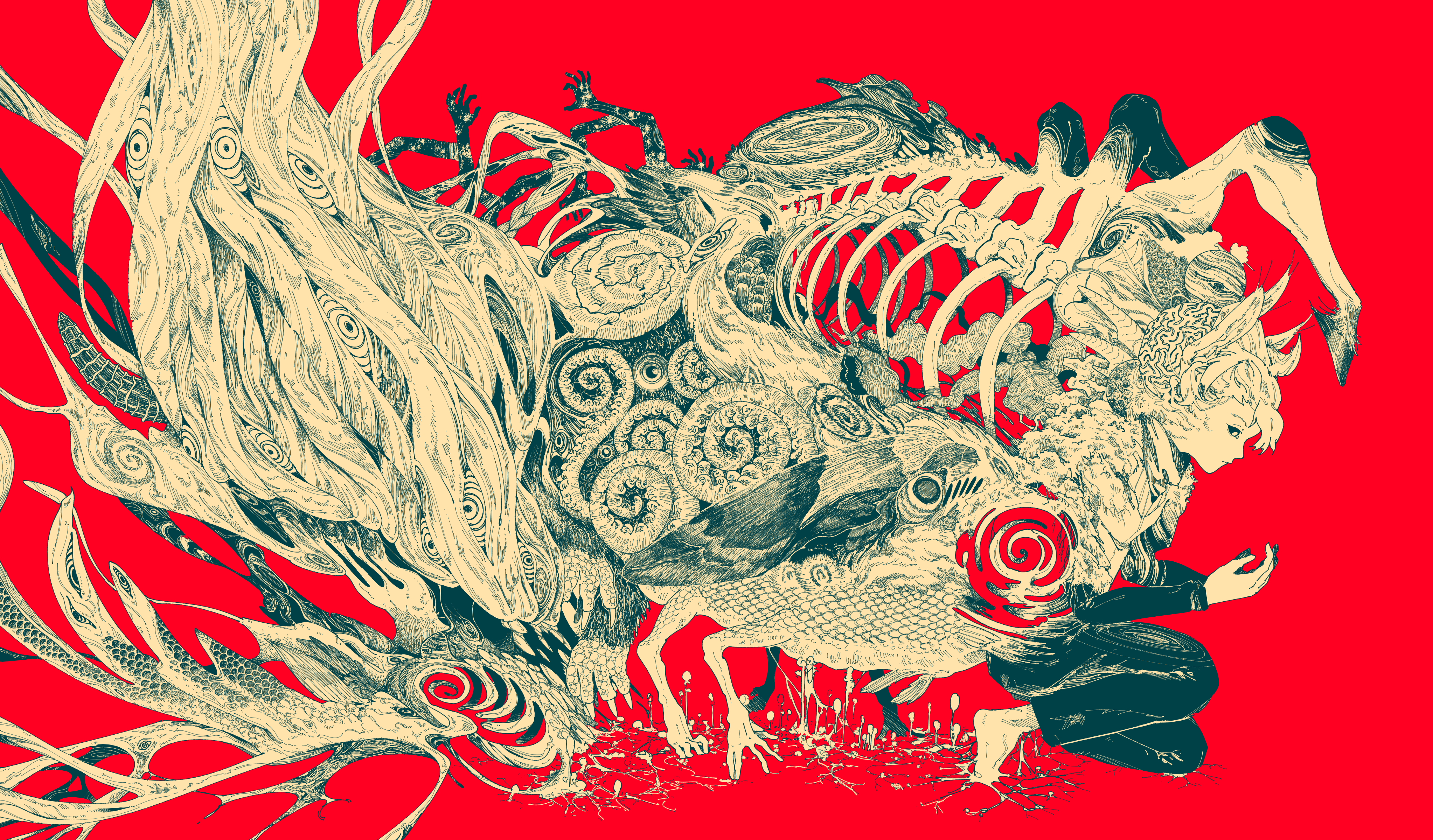original, absurdres, commentary, commentary request, english commentary, highres, mixed-language commentary, 1other, ambiguous gender, chimera, from side, horror (theme), kneeling, kumo shiori, lineart, long sleeves, pants, red background, simple background, solo