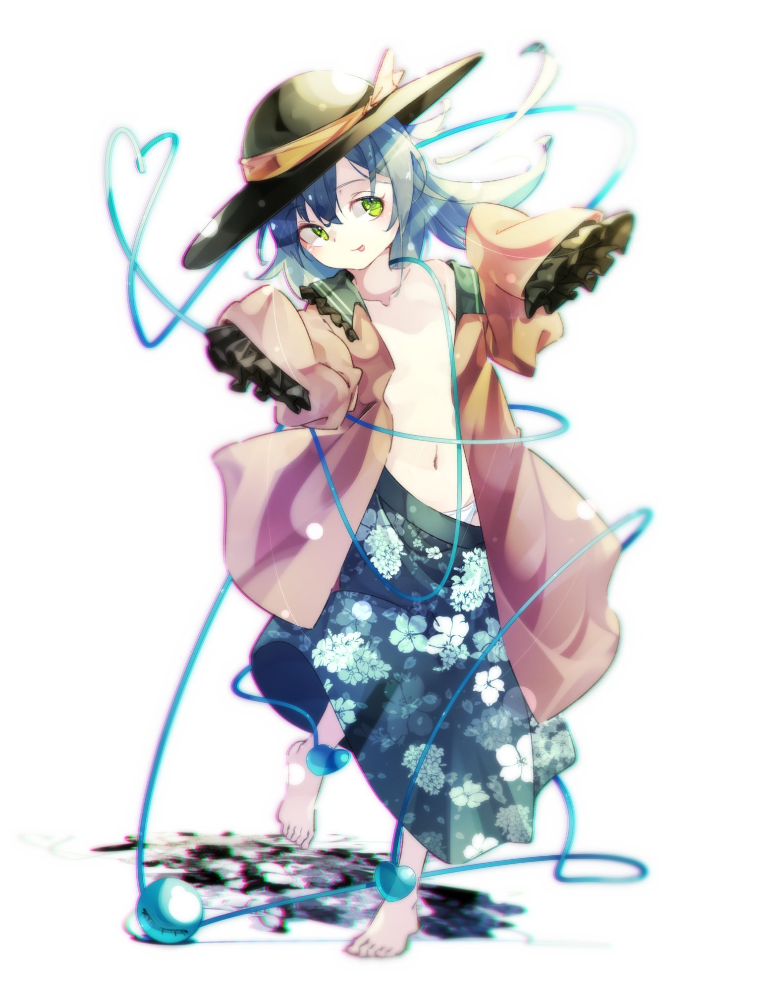 gorilla (bun0615), komeiji koishi, touhou, highres, 1girl, black hat, blouse, bow, buttons, diamond button, eyeball, floral print, frilled shirt collar, frilled sleeves, frills, full body, green hair, green skirt, hat, hat bow, hat ribbon, heart, heart of string, ribbon, rose print, shirt, skirt, solo, standing, third eye, tongue, tongue out, white background, yellow bow, yellow ribbon, yellow shirt