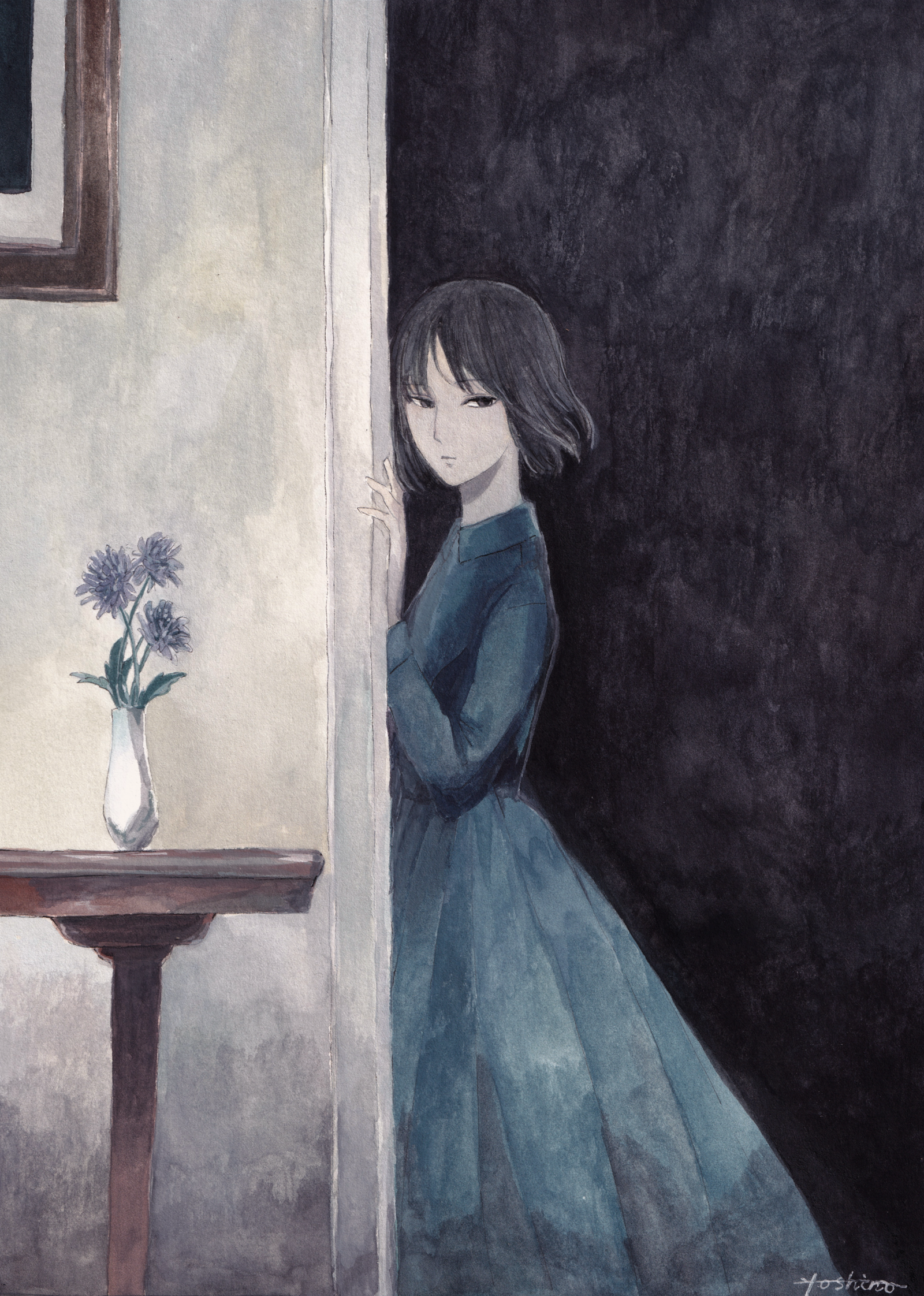 gghost0627, original, commentary request, highres, traditional media, 1girl, black hair, closed mouth, collared dress, dress, expressionless, feet out of frame, flower, grey dress, grey flower, hand up, indoors, long dress, long sleeves, looking at viewer, parted bangs, short hair, signature, solo, table, vase, wing collar