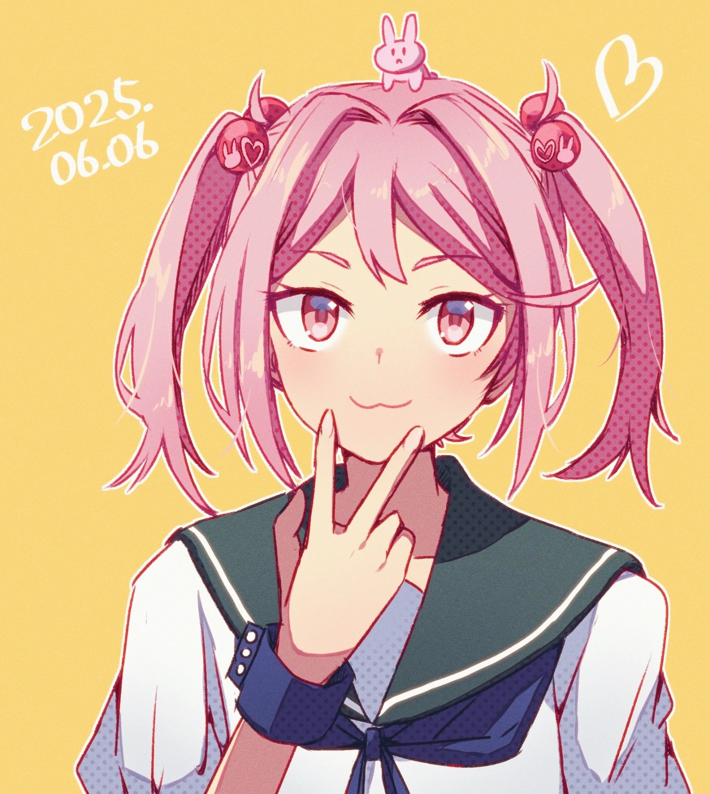 missou shiro, sazanami (kancolle), kantai collection, commentary request, highres, 1girl, :3, blue neckerchief, blush, dated, eyelashes, hair bobbles, hair ornament, looking at viewer, neckerchief, pink eyes, pink hair, sailor collar, school uniform, serafuku, solo, twintails, wrist cuffs, yellow background