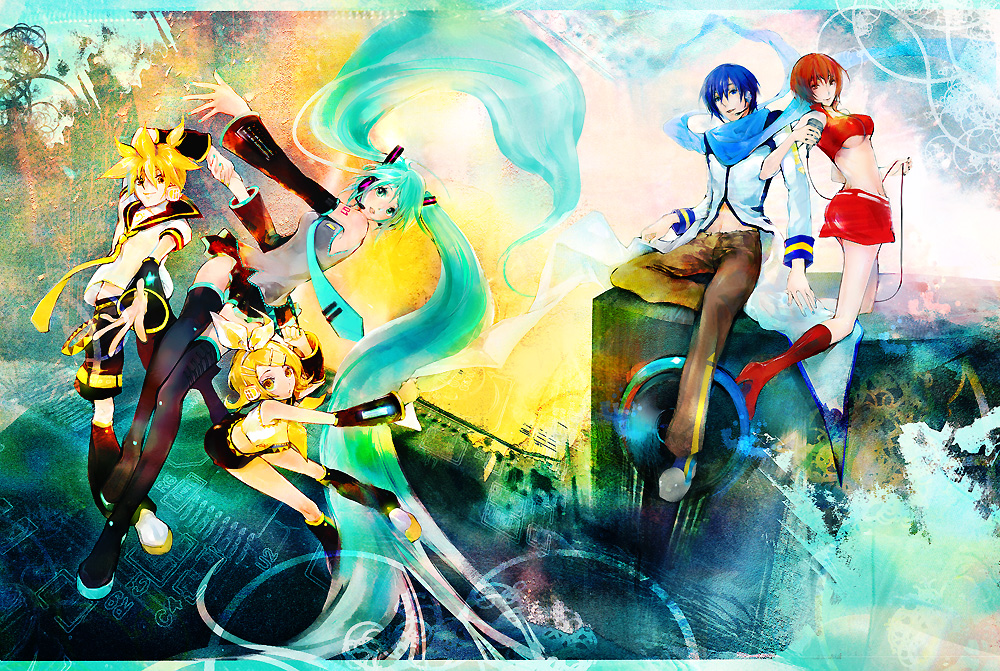 nekoif, hatsune miku, kagamine len, kagamine rin, kaito (vocaloid), meiko (vocaloid), vocaloid, 2boys, 3girls, everyone, multiple boys, multiple girls, thighhighs, twintails