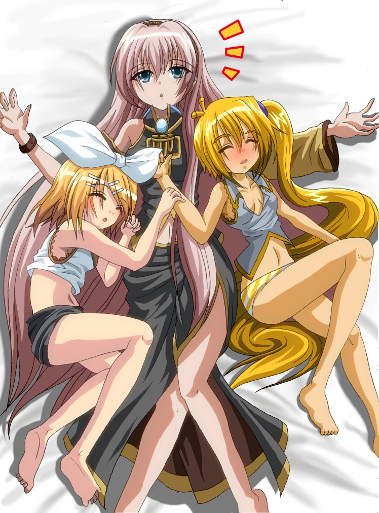 dr. cryptoso, akita neru, kagamine rin, megurine luka, vocaloid, 3girls, bad anatomy, bad feet, barefoot, bed, child, closed eyes, feet, long hair, lying, midriff, multiple girls, on back, on side, panties, poorly drawn, sleeping, soles, striped clothes, striped panties, underwear, very long hair