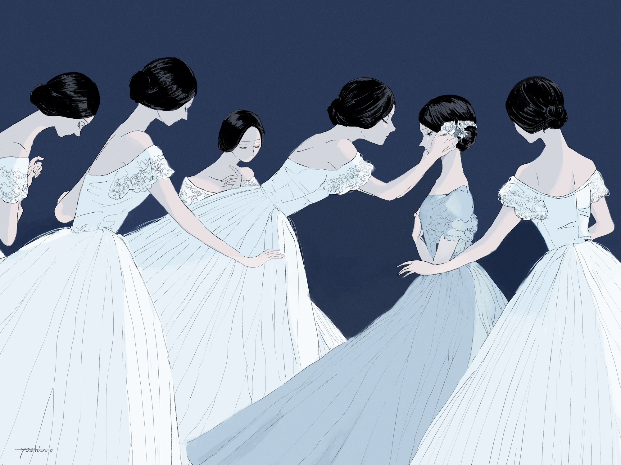 gghost0627, original, chinese commentary, commentary request, highres, 6+girls, blue background, closed mouth, cool colored, dress, expressionless, flower, grey dress, hair bun, hair flower, hair ornament, long dress, multiple girls, off-shoulder dress, off shoulder, short sleeves, simple background, single hair bun, standing, white dress