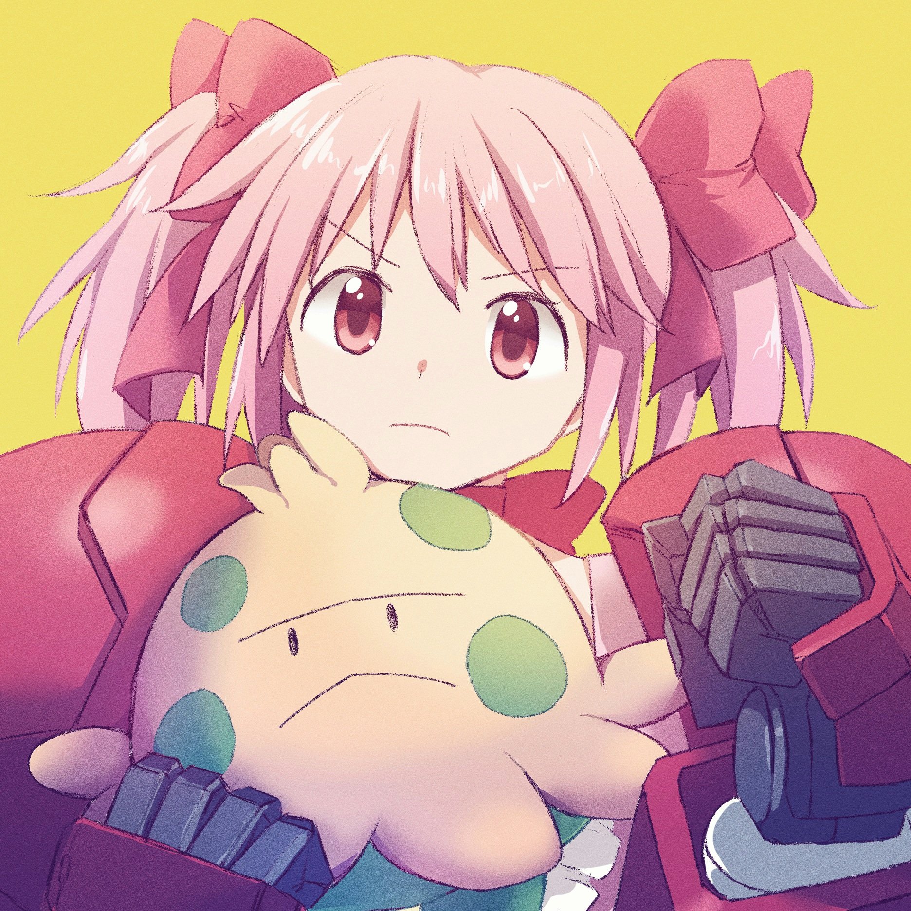 missou shiro, gundam age-1 titus, kaname madoka, shroomish, gundam, gundam age, mahou shoujo madoka magica, nintendo, pokemon, commentary request, highres, 1girl, armor, bow, clenched hand, closed mouth, crossover, frown, gen 3 pokemon, hair between eyes, holding, holding pokemon, pink hair, pokemon (creature), power armor, red bow, red eyes, simple background, twintails, v-shaped eyebrows, yellow background