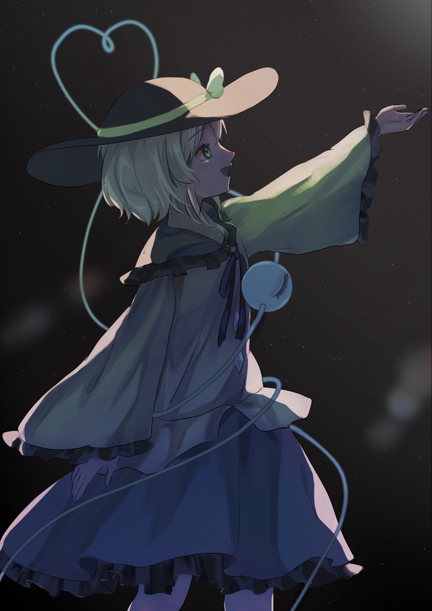 komeiji koishi, touhou, highres, 1girl, black hat, blouse, bow, buttons, diamond button, eyeball, frilled shirt collar, frilled sleeves, frills, green eyes, green hair, green skirt, hand up, hat, hat bow, hat ribbon, heart, heart of string, open mouth, ribbon, shirt, simple background, skirt, solo, third eye, tumetaisnow, yellow bow, yellow ribbon, yellow shirt