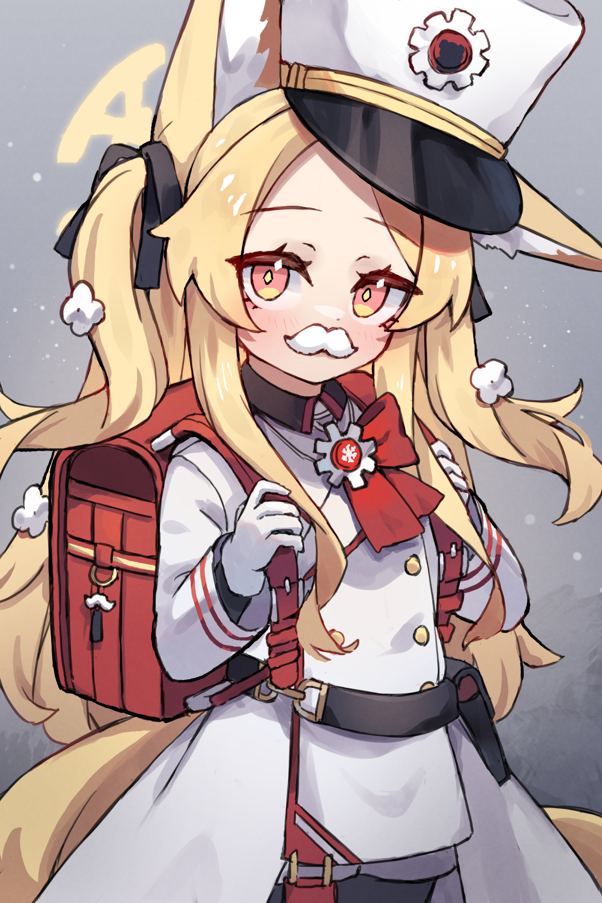 miya (miyaruta), cherino (blue archive), seia (blue archive), blue archive, commentary, english commentary, highres, 1girl, animal ears, backpack, bag, blonde hair, cherino (blue archive) (cosplay), closed mouth, coat, cosplay, fake facial hair, fake mustache, fox ears, fox girl, fox tail, gloves, grey background, halo, hat, long hair, long sleeves, looking at viewer, peaked cap, randoseru, red bag, red eyes, shako cap, simple background, solo, tail, two side up, white coat, white gloves, white hat, yellow halo