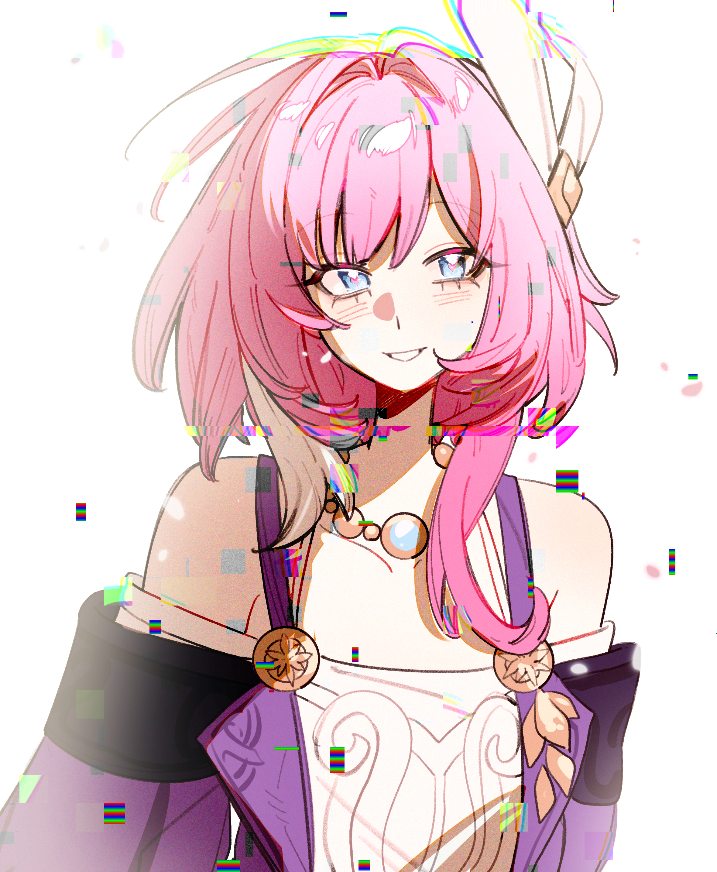 cyrene (honkai: star rail), honkai: star rail, honkai (series), absurdres, chinese commentary, commentary request, highres, 1girl, blue eyes, breasts, coat, cyrene (aedes elysiae) (honkai: star rail), dress, glitch, hair ornament, jewelry, looking at viewer, multicolored hair, necklace, pink hair, purple coat, short hair, simple background, small breasts, smile, solo, two-tone hair, white background, white dress, white hair, wufang87520