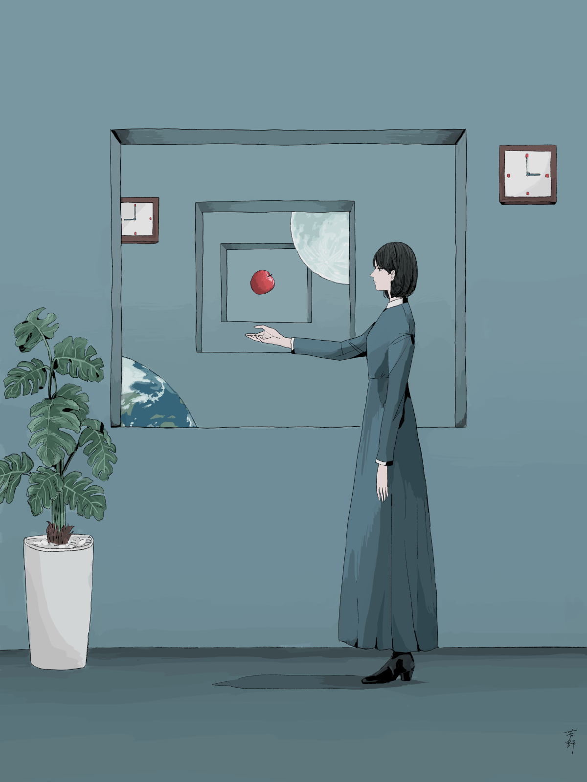 gghost0627, original, chinese commentary, commentary request, highres, 1girl, analog clock, apple, arm at side, black hair, black shoes, block heels, clock, dress, earth (planet), expressionless, food, from side, fruit, full body, grey dress, grey theme, hand up, indoors, long dress, long sleeves, moon, planet, plant, potted plant, shoes, short hair, solo, surreal, window