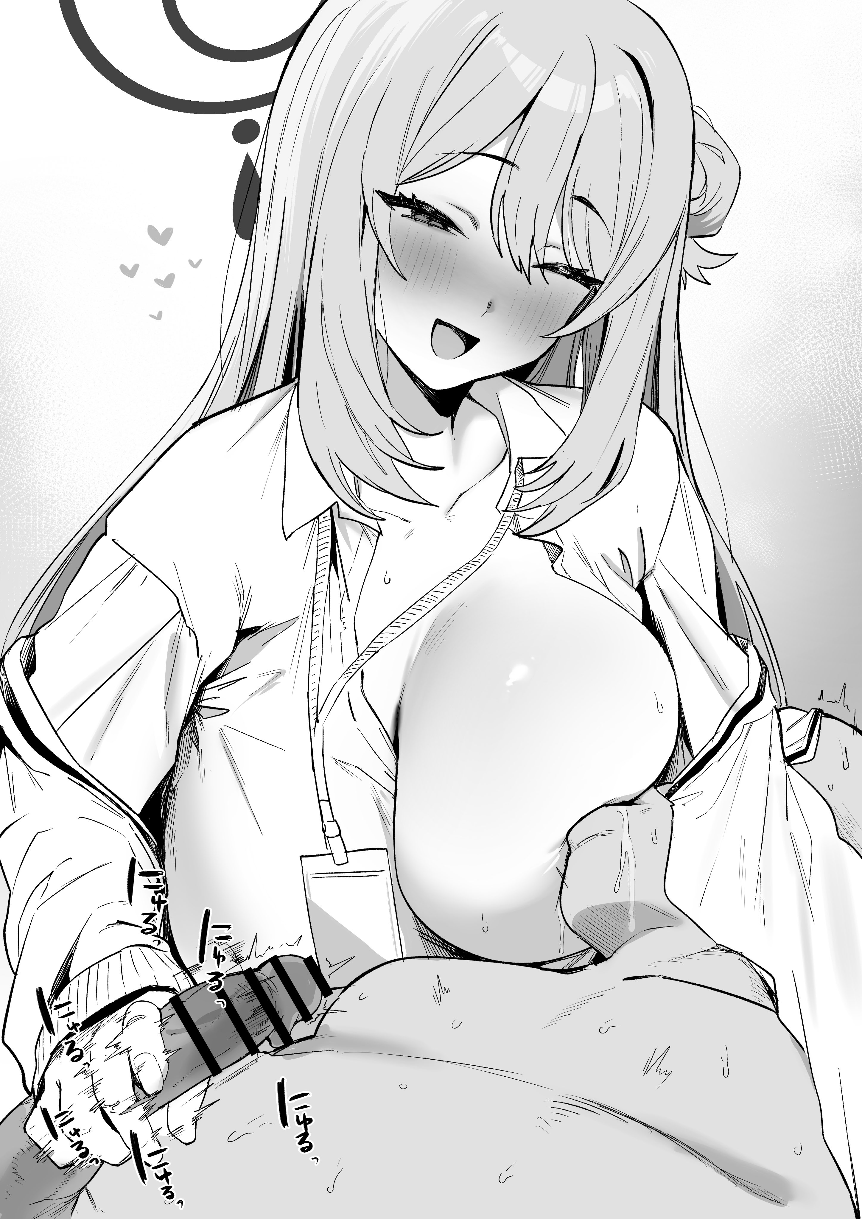 hotate-chan, nonomi (blue archive), blue archive, absurdres, highres, 1boy, 1girl, breast sucking, breastfeeding, breasts, halo, handjob, hetero, long hair, lying on lap, nursing handjob, penis