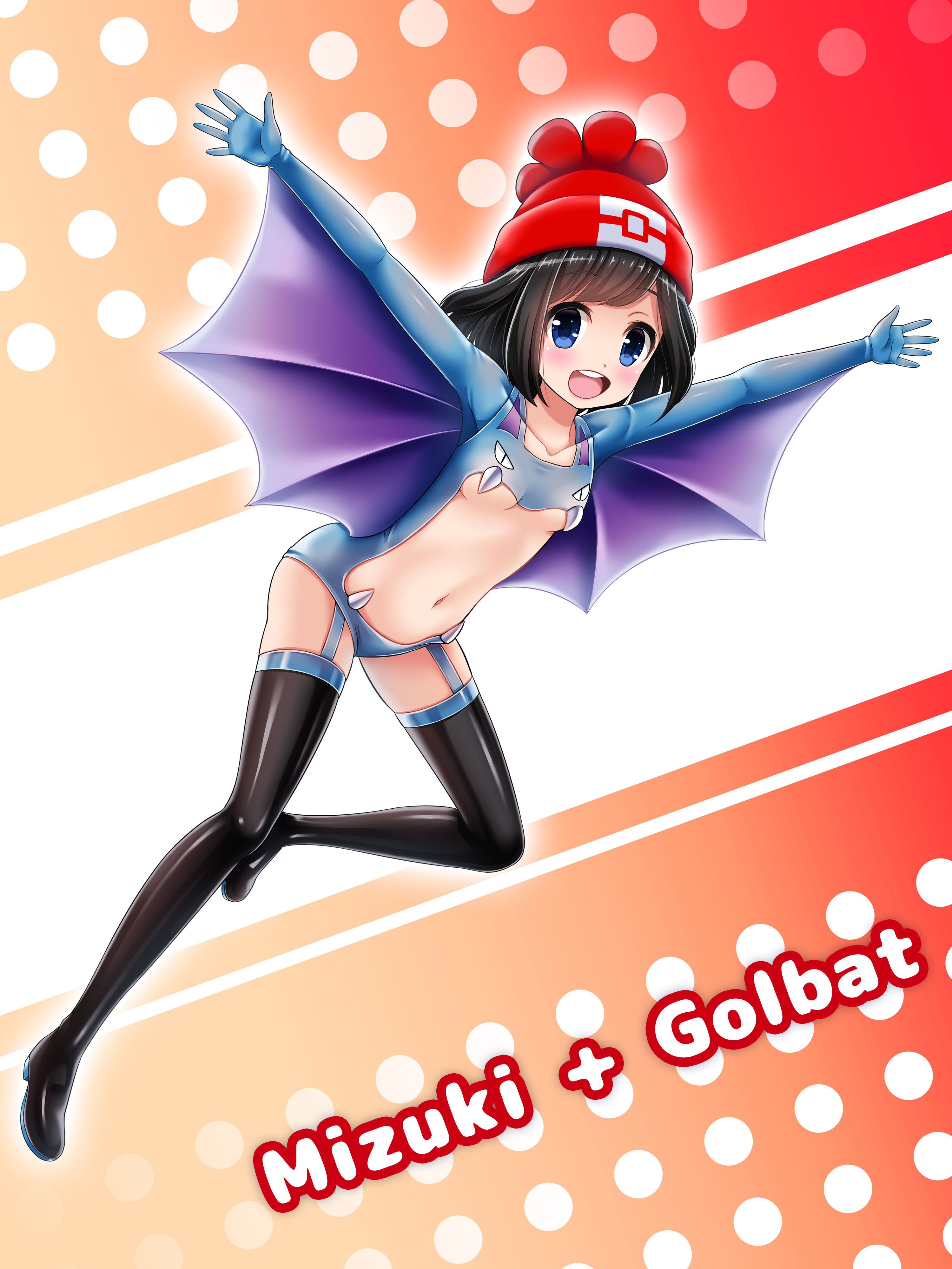 bluebird (bluebird90), golbat, selene (pokemon), nintendo, pokemon, absurdres, commentary request, highres, 1girl, black boots, black hair, blue eyes, blush, boots, breasts, character name, cosplay, full body, gen 1 pokemon, golbat (cosplay), hat, navel, open hands, open mouth, orange background, red hat, small breasts, smile, solo, teeth, thigh boots, underboob, upper teeth only