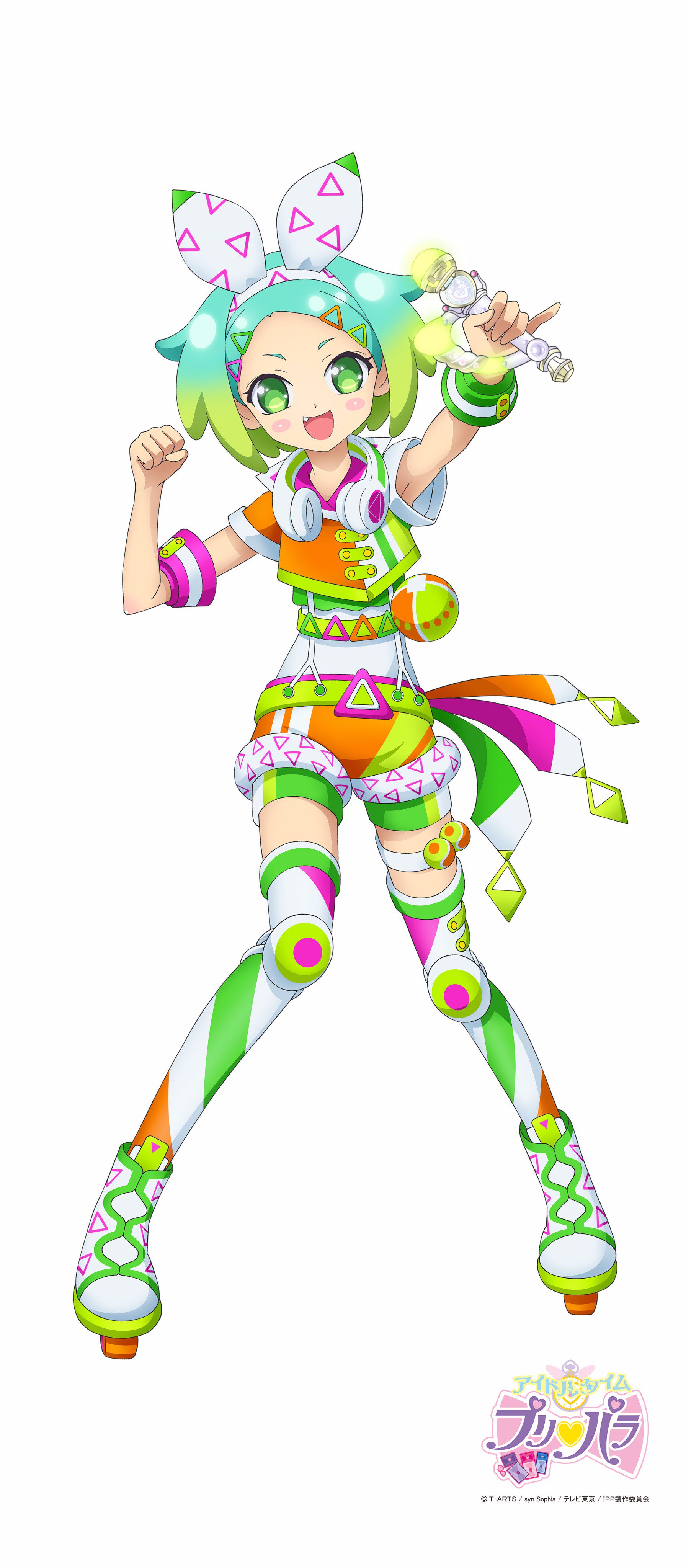 nijiiro nino, idol time pripara, pretty series, pripara, absurdres, commentary request, highres, merchandise available, official art, second-party source, 1girl, :d, blush stickers, boots, bow hairband, bracelet, comiket 92, copyright logo, copyright notice, cropped shirt, fang, full body, gradient hair, green eyes, green hair, hair ornament, hairband, hairclip, hands up, holding, holding microphone, jewelry, knee guards, legs apart, logo, looking at viewer, microphone, multicolored hair, open mouth, orange shorts, short hair, shorts, simple background, smile, solo, standing, swept bangs, tachi-e, thigh strap, two-tone hair, white background, white boots, white hairband