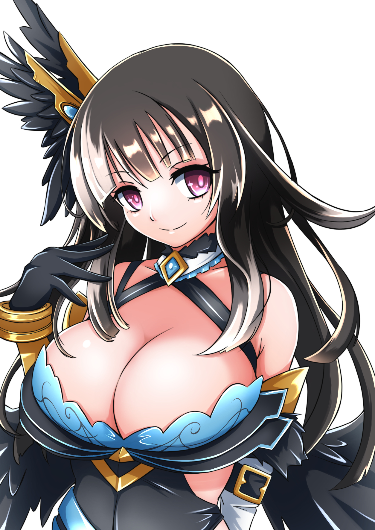 fujikawa 2gou, odette odile (grimms notes), odile (shinsei) (grimms notes), grimms notes, 1girl, bare shoulders, black hair, breasts, closed mouth, hand up, huge breasts, pink eyes, simple background, smile, solo, white background