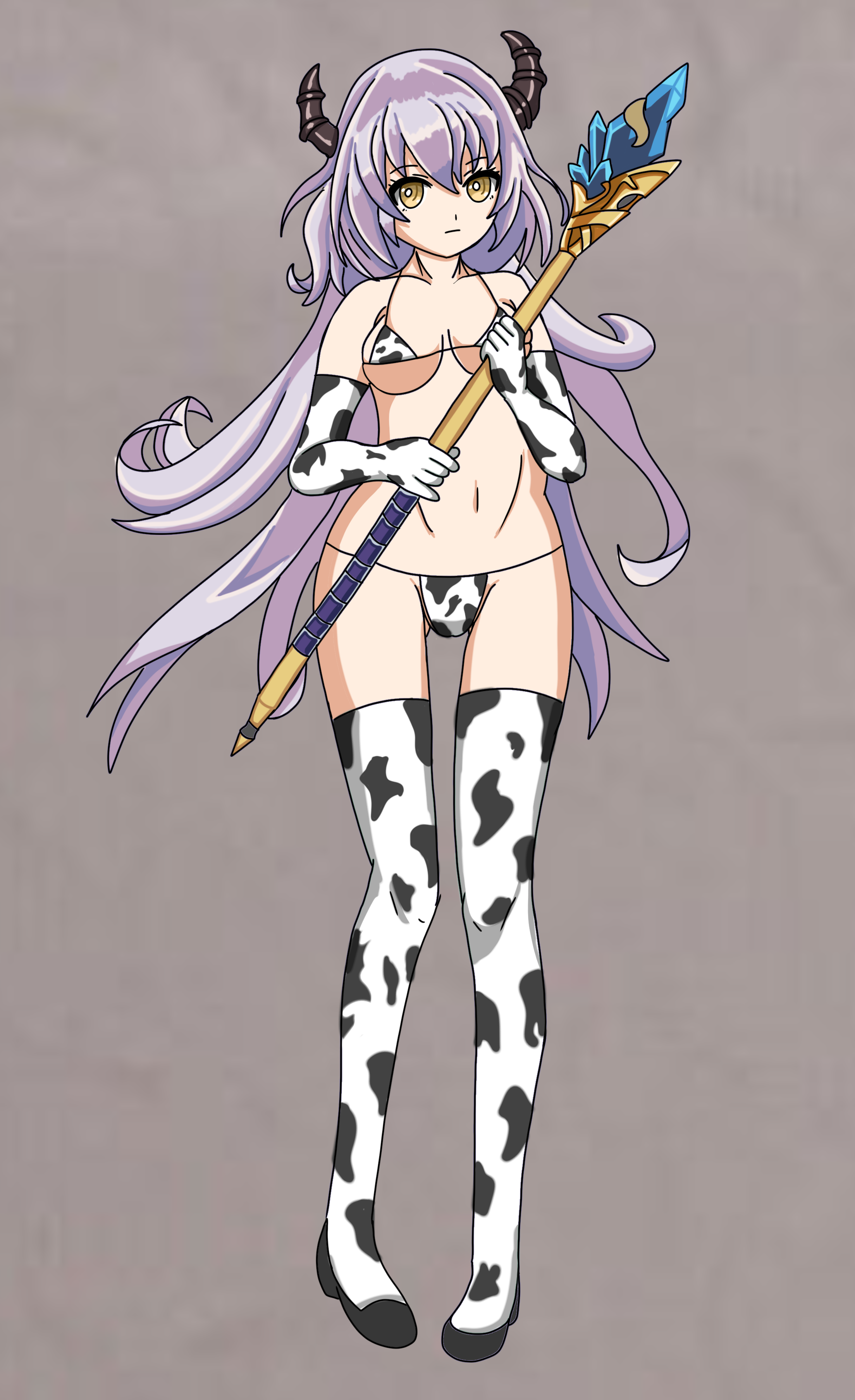 mir inverno (gakuen) (grimms notes), mir inverno (grimms notes), grimms notes, grimms notes gakuen, artist request, source request, 1girl, closed mouth, cow print, cow print bikini, full body, grey hair, holding, holding staff, looking at viewer, navel, print bikini, solo, staff, yellow eyes