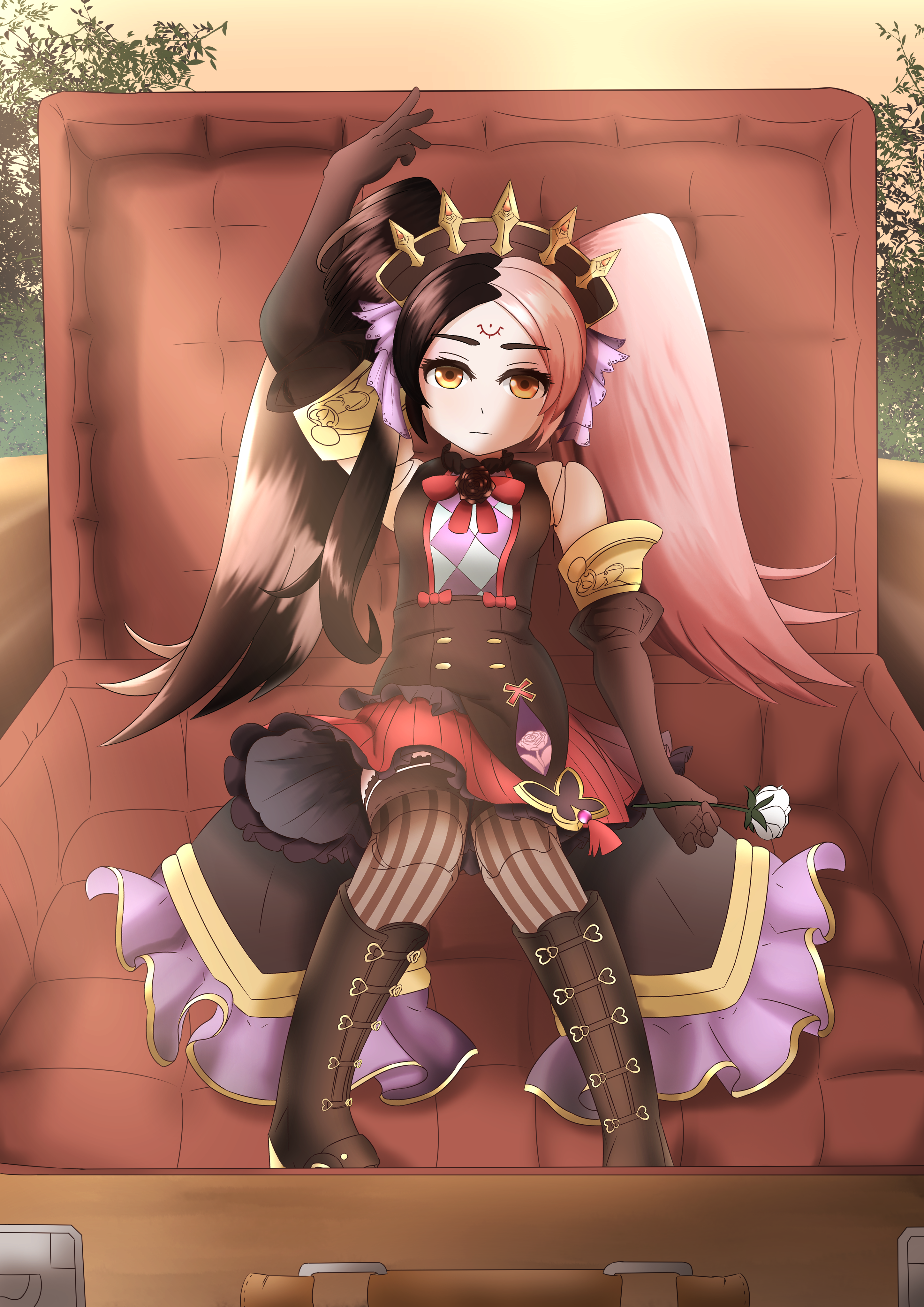 chaos dorloto (grimms notes), grimms notes, 1girl, arm up, bag, black hair, doll joints, full body, joints, long hair, looking at viewer, multicolored hair, okita kunai, pink hair, sitting, solo, split-color hair, twintails