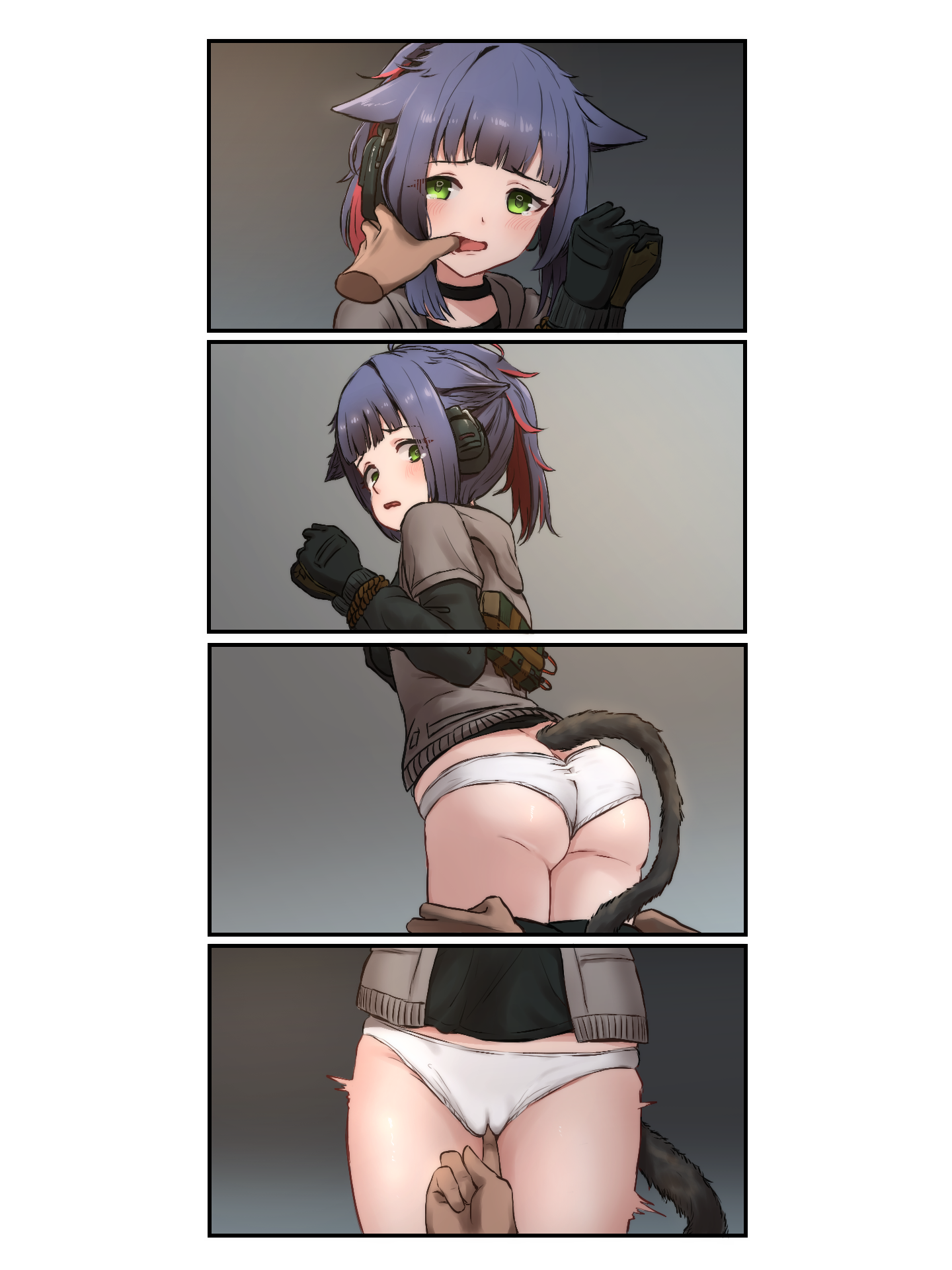 reber, jessica (arknights), arknights, highres, 1boy, 1girl, animal ears, arms up, ass, bdsm, black choker, black gloves, black hair, black shirt, blunt bangs, blush, bomb, bondage, bound, bound wrists, brown jacket, cameltoe, cat ears, cat girl, cat tail, choker, clothes pull, explosive, finger in another's mouth, fingering, gloves, green eyes, grey background, headphones, hetero, hood, hoodie, jacket, loli, long sleeves, medium hair, molestation, multicolored hair, multiple views, open mouth, pale skin, panels, panties, ponytail, pulling another's clothes, red hair, rope, scared, shiny skin, shirt, shorts, shorts pull, sidelocks, standing, tail, tearing up, tears, two-tone hair, underwear, undressing, undressing another, white background, white panties