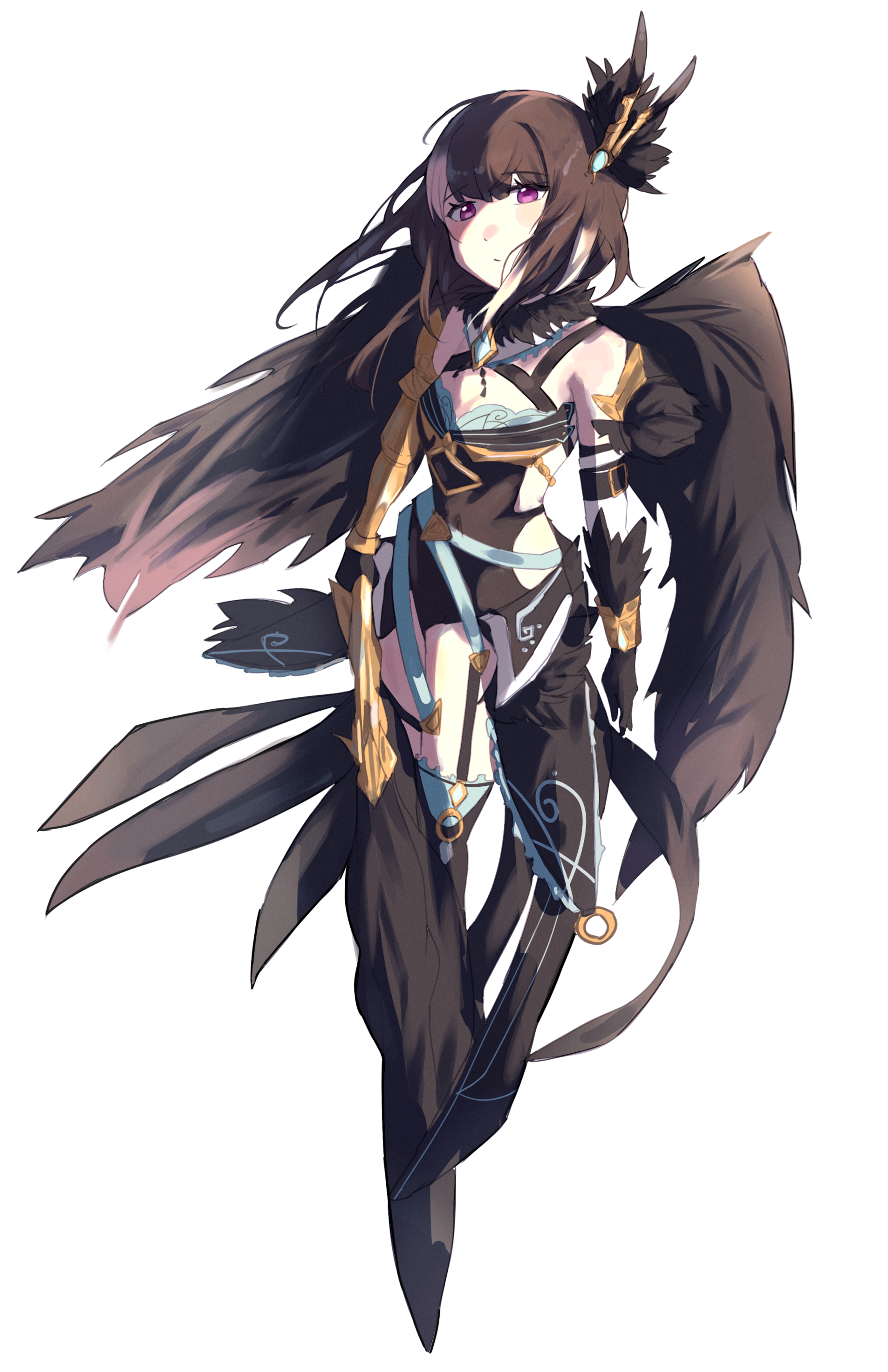 odette odile (grimms notes), odile (shinsei) (grimms notes), grimms notes, 1girl, black hair, black wings, breasts, closed mouth, full body, long hair, pion427, purple eyes, solo, white background, wings