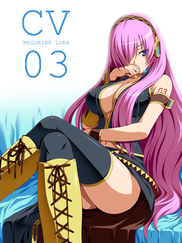 xai, megurine luka, vocaloid, 1girl, black thighhighs, blue eyes, boots, breasts, cleavage, crossed legs, female focus, hair over one eye, headphones, knee boots, large breasts, legs, long hair, long legs, navel, pink hair, sitting, solo, tattoo, thighhighs, thighs