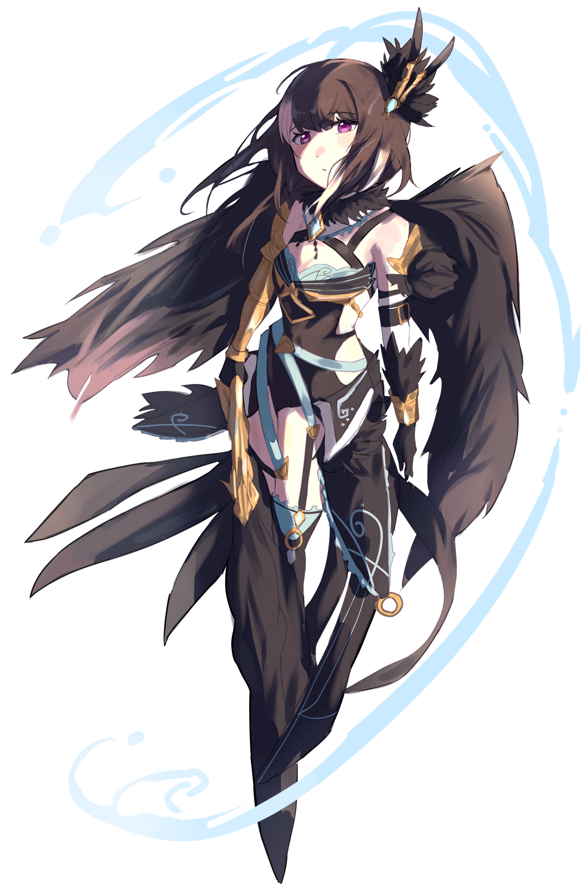 odette odile (grimms notes), odile (shinsei) (grimms notes), grimms notes, 1girl, black hair, black wings, breasts, closed mouth, full body, long hair, pion427, purple eyes, solo, white background, wings
