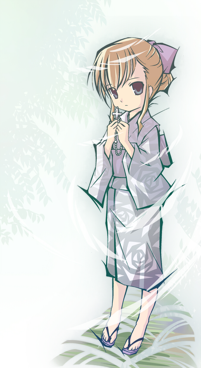 haiiro (hi ghi ro), toudou shimako, maria-sama ga miteru, highres, 00s, 1girl, cross, female focus, japanese clothes, kimono, rosary, solo, yukata