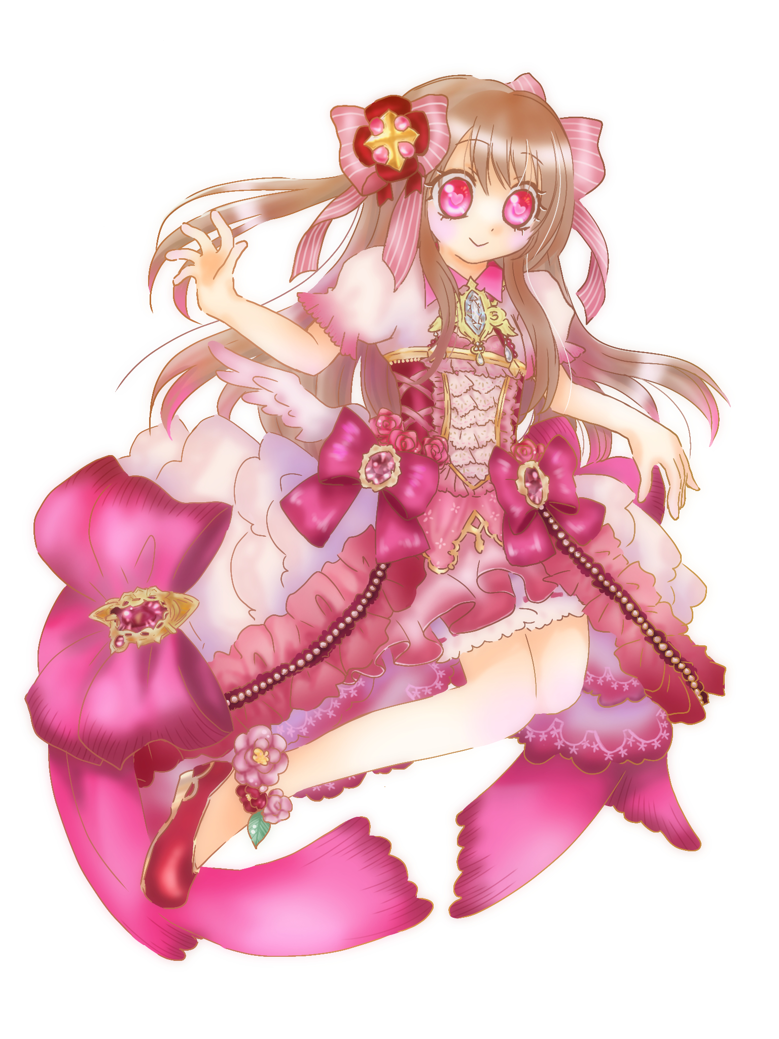 chaos marie (grimms notes), grimms notes, 1girl, blonde hair, hair ribbon, heart, heart-shaped pupils, long hair, pink eyes, pink ribbon, puffy short sleeves, puffy sleeves, ribbon, sameoekaki, short sleeves, solo, symbol-shaped pupils