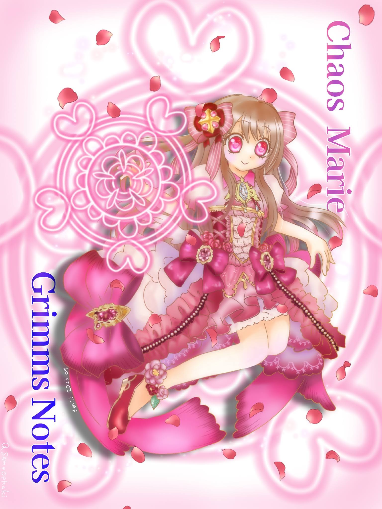 chaos marie (grimms notes), grimms notes, 1girl, blonde hair, hair ribbon, heart, heart-shaped pupils, long hair, pink eyes, pink ribbon, puffy short sleeves, puffy sleeves, ribbon, sameoekaki, short sleeves, solo, symbol-shaped pupils