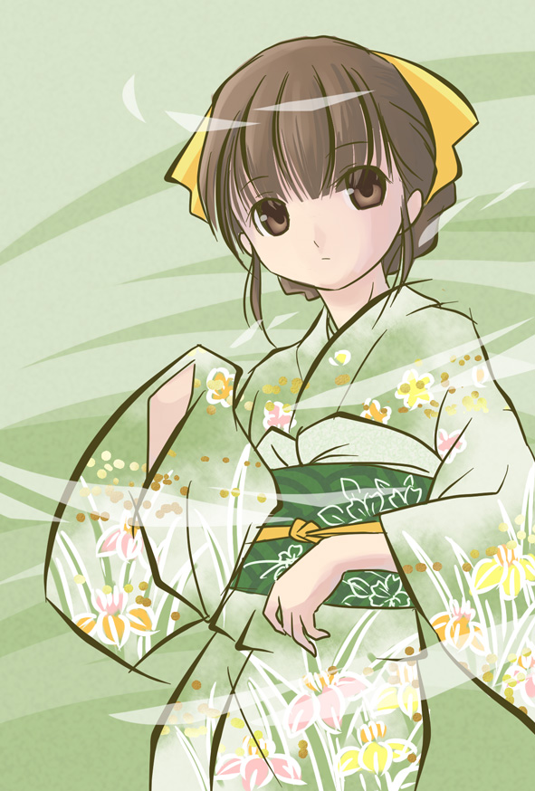 haiiro (hi ghi ro), original, tagme, brown eyes, brown hair, japanese clothes, kimono, solo
