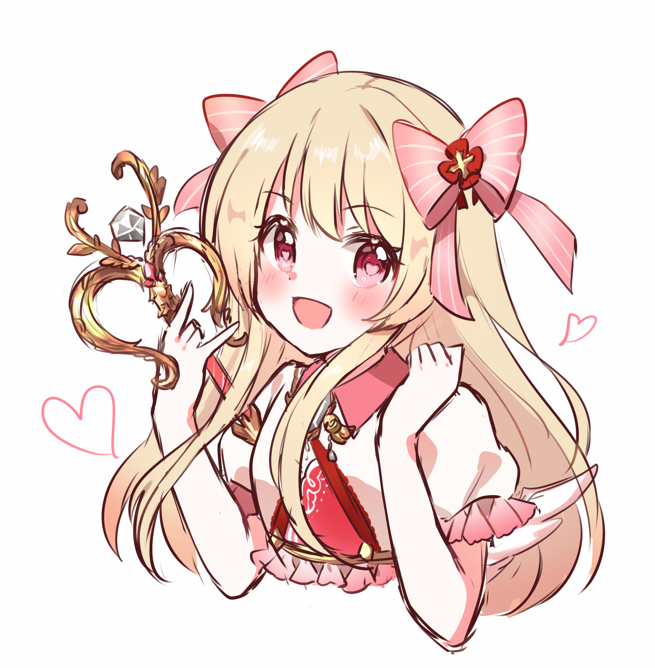 chaos marie (grimms notes), grimms notes, 1girl, blush, heart, heart-shaped pupils, holding, holding wand, looking at viewer, mikan6 game, open mouth, simple background, smile, solo, symbol-shaped pupils, upper body, wand, white background