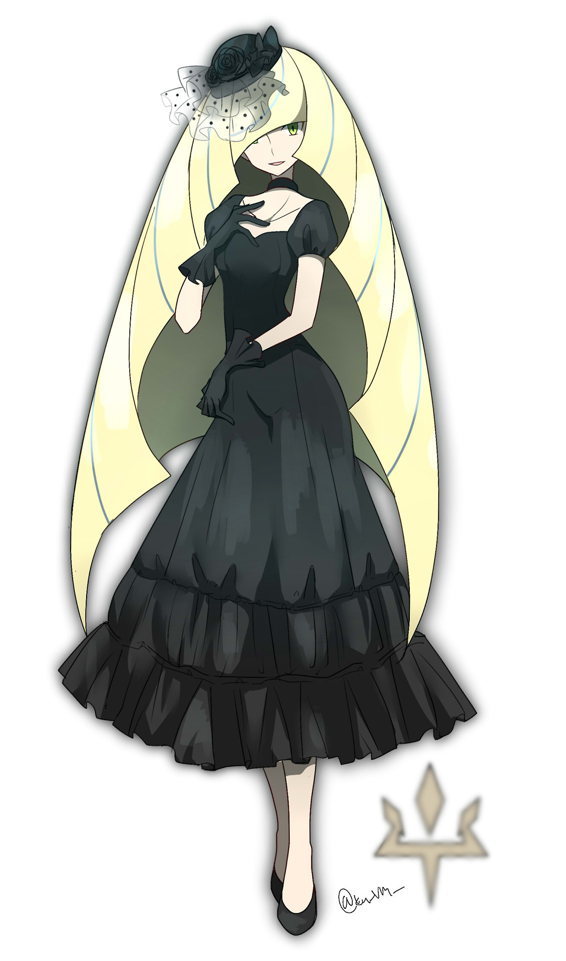 kuroi paseri, lusamine (pokemon), nintendo, pokemon, pokemon sm, highres, third-party source, 1girl, alternate costume, black dress, black gloves, black hat, black shoes, blonde hair, dress, echizenyakibi, full body, gloves, green eyes, hat, long hair, shoes, simple background, solo, very long hair, white background
