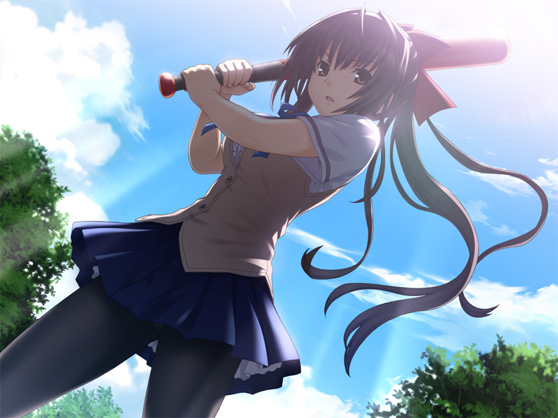 nekonyan, morinaga yukari, sakaagari hurricane, game cg, non-web source, 1girl, baseball bat, black pantyhose, brown eyes, brown hair, dutch angle, female focus, from below, light rays, long hair, looking down, panties, panties under pantyhose, pantyhose, ponytail, school uniform, solo, sunbeam, sunlight, underwear