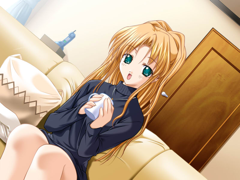 masaharu, sannomiya yukari, floralia, game cg, non-web source, 1girl, bag, blonde hair, couch, cup, dutch angle, female focus, green eyes, long hair, mug, open mouth, solo, sweater