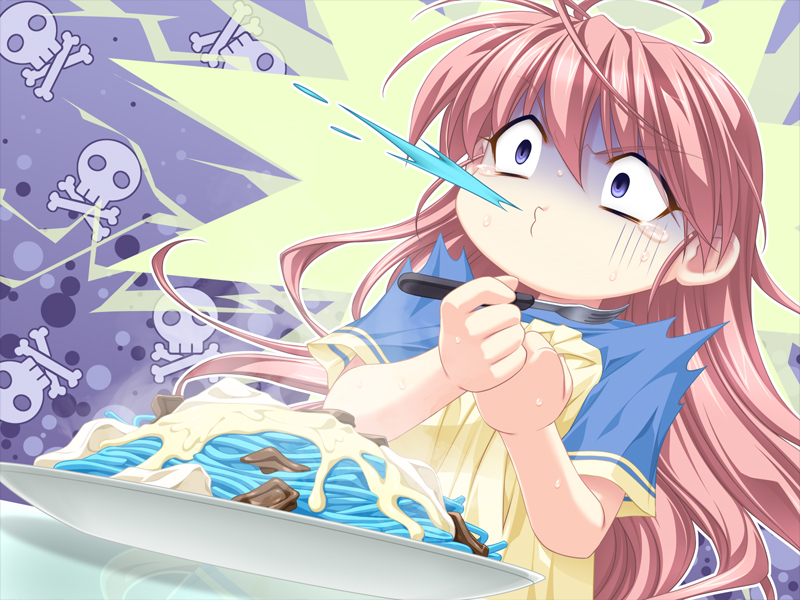 saeki hokuto, narutaki koyori, rui wa tomo wo yobu, game cg, non-web source, 1girl, antenna hair, bad food, blue eyes, chocolate, constricted pupils, cream, dutch angle, female focus, food, fork, long hair, pasta, pink hair, raglan sleeves, skull and crossbones, solo, spaghetti, spit take, spitting, sweat, teardrop, turn pale