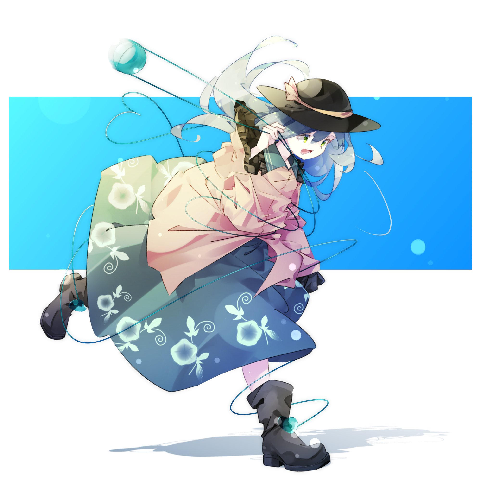 gorilla (bun0615), komeiji koishi, touhou, highres, 1girl, black hat, blouse, boots, bow, eyeball, floral print, frilled shirt collar, frilled sleeves, frills, green hair, green skirt, hat, hat bow, hat ribbon, open mouth, ribbon, rose print, running, shirt, skirt, third eye, yellow bow, yellow ribbon, yellow shirt