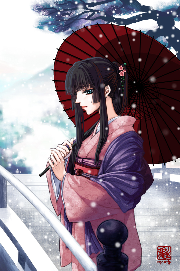 ato komori, original, bad id, bad pixiv id, 1girl, black hair, bridge, female focus, japanese clothes, kimono, long hair, oil-paper umbrella, snow, solo, umbrella
