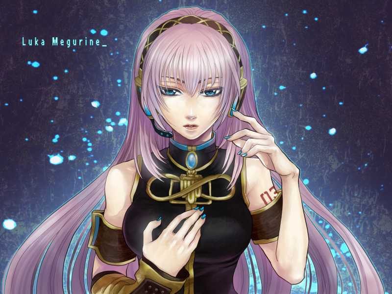 ato komori, megurine luka, vocaloid, bad id, bad pixiv id, 1girl, blue eyes, blue nails, female focus, headset, long hair, nail polish, pink hair, solo