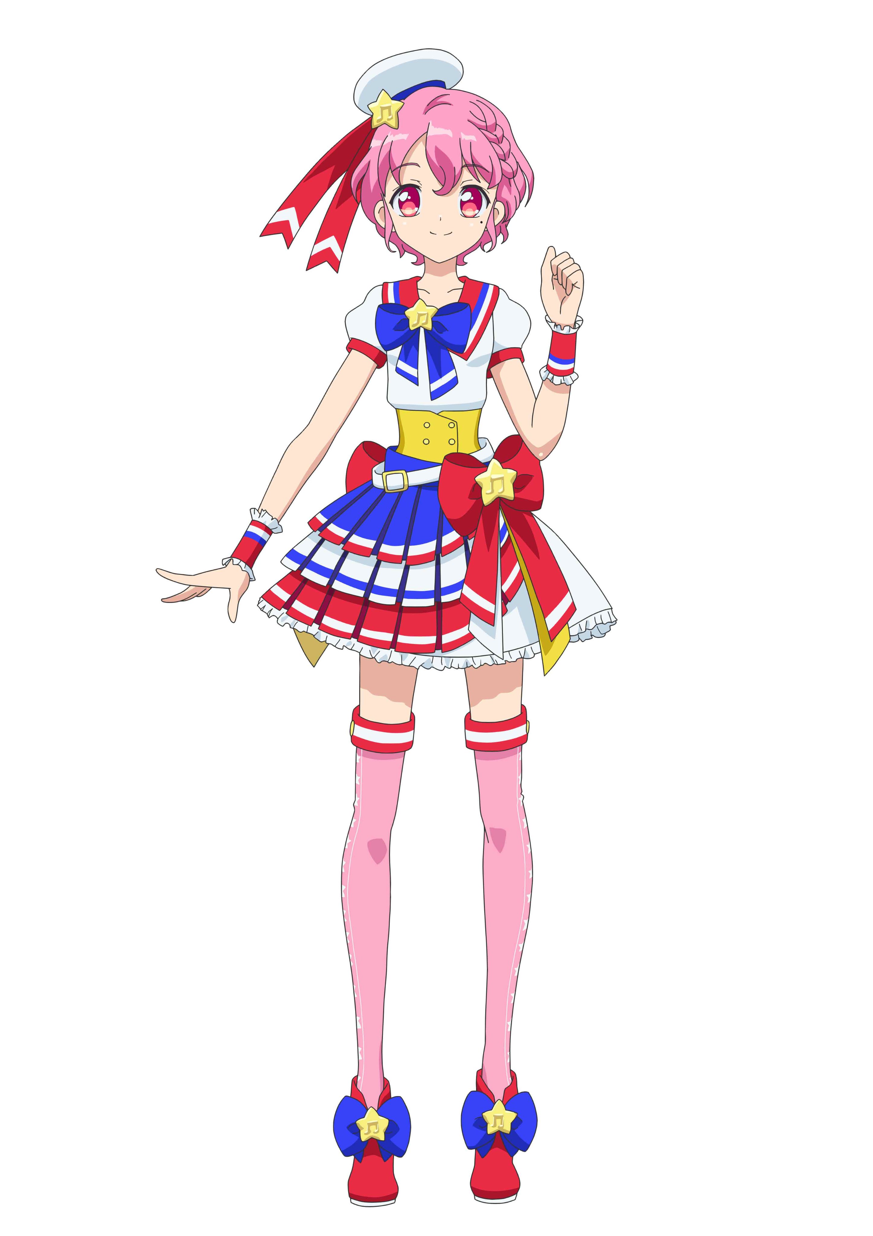 reona west, pretty series, pripara, absurdres, commentary request, highres, official art, second-party source, 1boy, belt, blue bow, blue ribbon, bow, braid, closed mouth, crossdressing, crossdressing (mtf), full body, hand up, hat, layered skirt, looking at viewer, male focus, mini hat, miniskirt, mole, mole under eye, pink eyes, pink hair, pink thighhighs, pleated skirt, red ribbon, red shoes, ribbon, sailor hat, shirt, shoes, short hair, side braid, simple background, skirt, smile, solo, standing, star (symbol), tachi-e, thighhighs, trap, white background, white belt, white hat, white shirt, white skirt, wrist cuffs