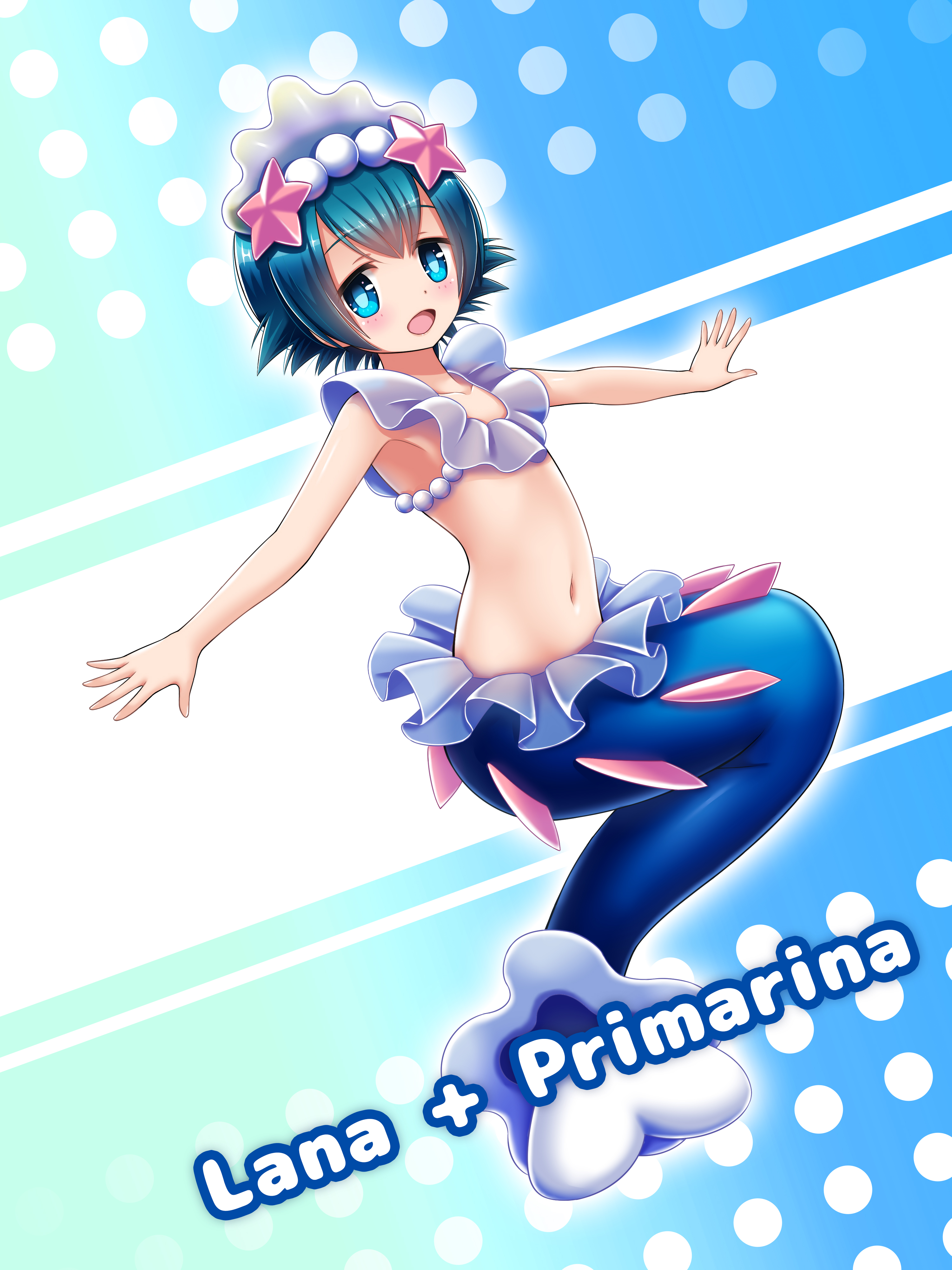 bluebird (bluebird90), lana (pokemon), primarina, nintendo, pokemon, absurdres, commentary request, highres, 1girl, blue background, blue eyes, blue hair, blush, character name, cosplay, dot nose, gen 7 pokemon, mermaid costume, navel, open mouth, primarina (cosplay), solo