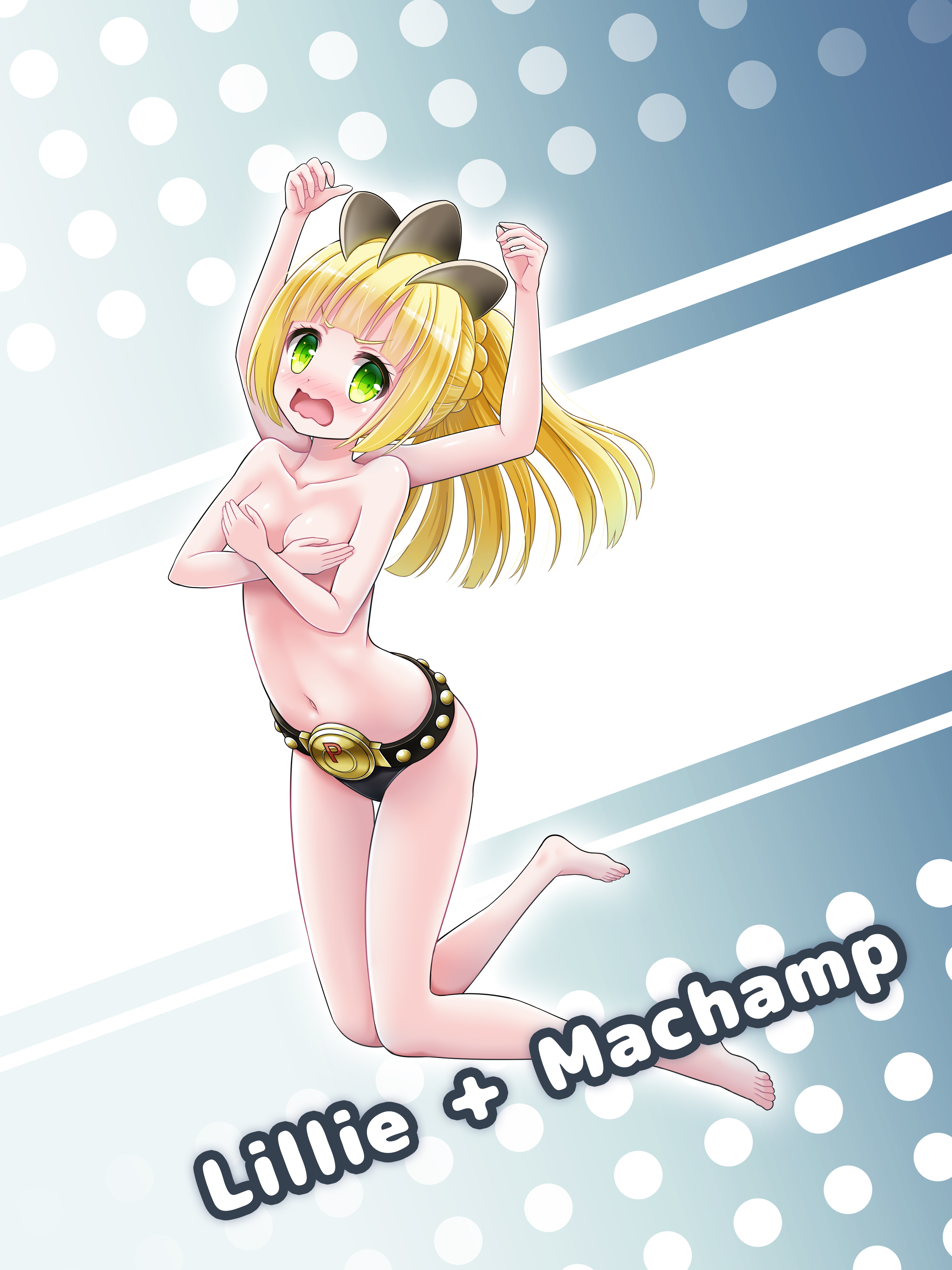 bluebird (bluebird90), lillie (pokemon), machamp, nintendo, pokemon, absurdres, commentary request, highres, 1girl, barefoot, blonde hair, blush, character name, cosplay, covering breasts, covering privates, extra arms, gen 1 pokemon, green eyes, grey background, long hair, machamp (cosplay), navel, open mouth, solo, topless female
