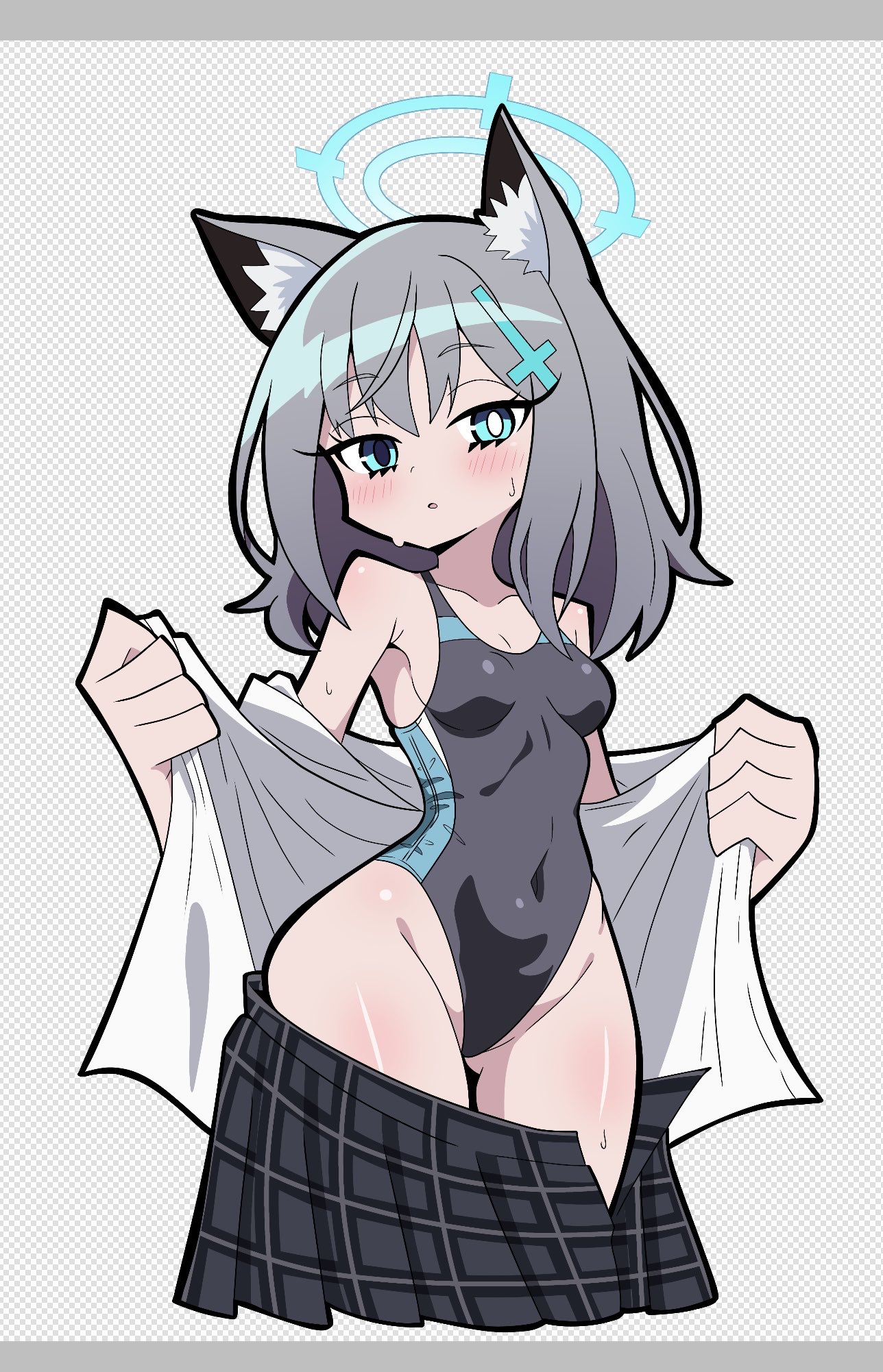 rrogtion, shiroko (blue archive), blue archive, highres, tagme, fake transparency, one-piece swimsuit, pleated skirt, skirt, swimsuit