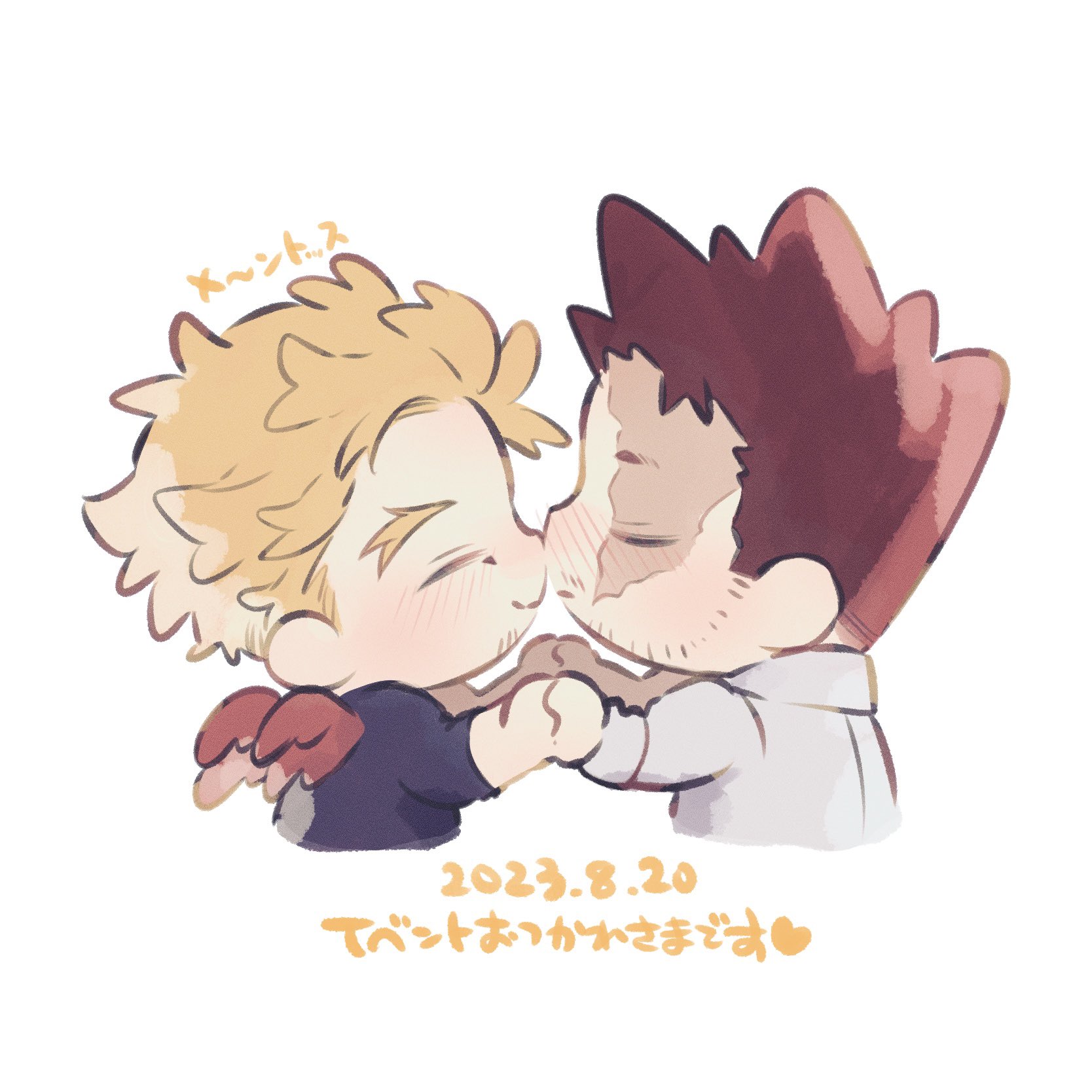endeavor (boku no hero academia), hawks (boku no hero academia), boku no hero academia, highres, translation request, 2boys, black shirt, blonde hair, blush, chibi, chibi only, closed eyes, dated, facial hair, goatee stubble, male focus, mentosucyan, multiple boys, red wings, scar, scar on face, shirt, short hair, simple background, smile, spiked hair, stubble, white background, white shirt, wings, yaoi